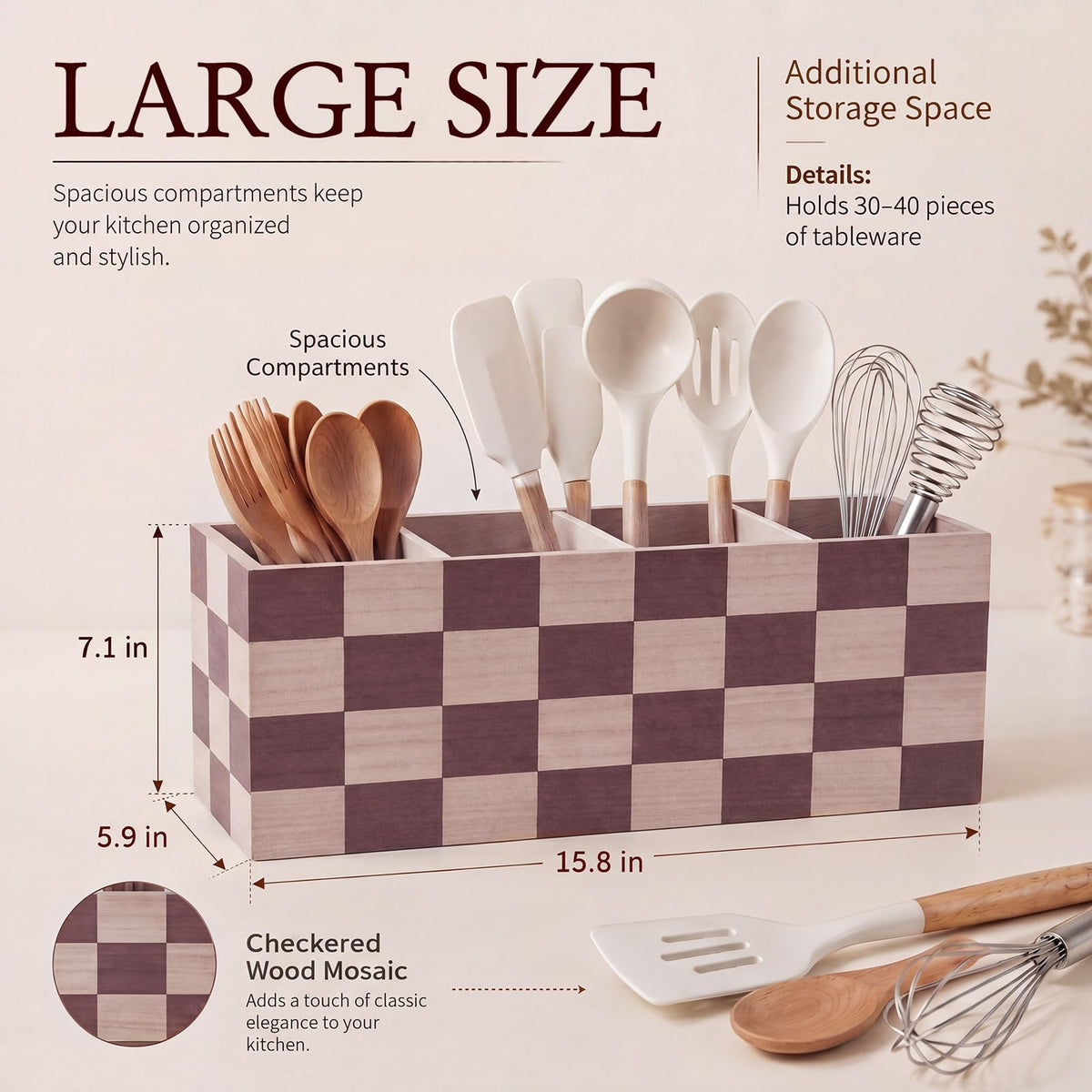 RoRofunny Extra Large Checkerboard Wooden Utensil Holder with 4 Compartments, 15.7" Long Farmhouse Kitchen Organizer, Rustic Cooking Tools Caddy for Countertop Spatulas Spoons Whisks