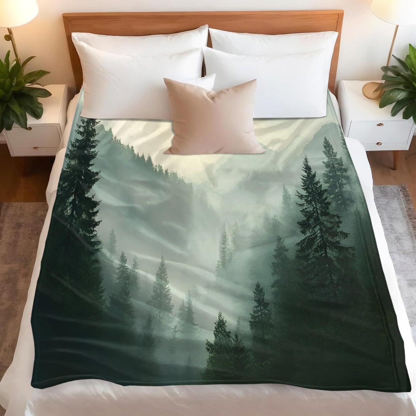 PAOABIU Foggy Forest Blankets, Misty Woodlands Throw Blanket for Couch Bed Sofa, Teal Blankets and Throws - Super Soft Cozy Plush Flannel Blanket Gifts & Decor, 66x90