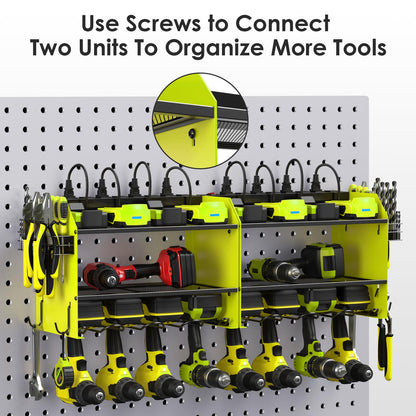 CCCEI Modular Power Tool Organizer Wall Mount Charging Station, Green 6 Drills Holder with 8 Plug Power Strip 10FT, Garage Drill Battery Heavy Duty Metal Shelf, Utility Rack with Hooks, Side Storage.