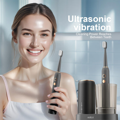 Electric Toothbrush Set with Drying & Sanitizing Holder, 8 Replacement Brush Heads, Transparent Rinse Cup, Smart Timer, USB Rechargeable for Adults