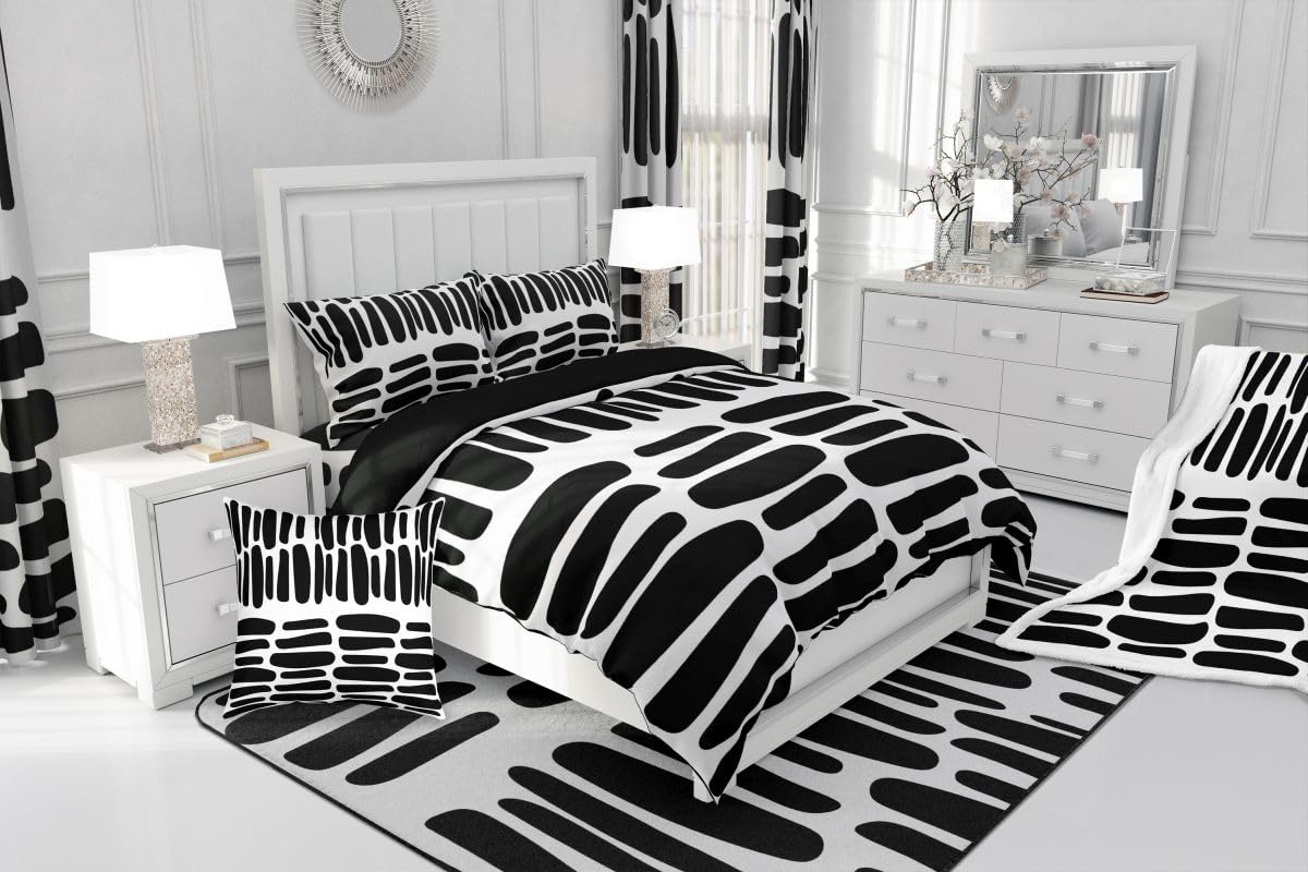 jejeloiu Modern Geometric Bedding Set Soft for Boys Girls, Black White Abstract Comforter Set Queen Size Boho Duvet Quilt Microfiber Luxury Bedroom Decor 3 Pcs with 2 Pillow Cases