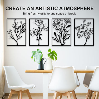 ZNZAPO 4 Pcs Black Metal Flower Wall Art, Abstract Line Art Wall Decor, Minimalist Floral Wall Hanging Art, 3d Wall Art Sculptures Decor for Living Room Bedroom Bathroom (11 × 15.7”)