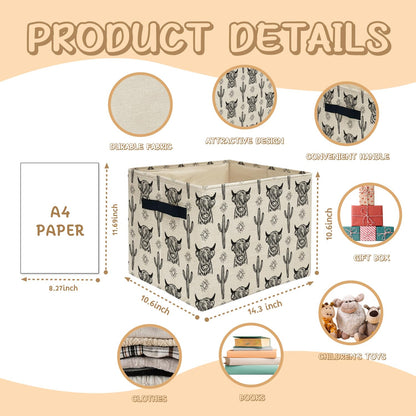 ATBWGT Western Highland Cow Storage Bins Box, Toybox for Boys Girls, Retro Western Cactus Cow Foldable Storage Baskets Organizer for Bedroom Bathroom Kids Room Dorm Clothes Toys Books