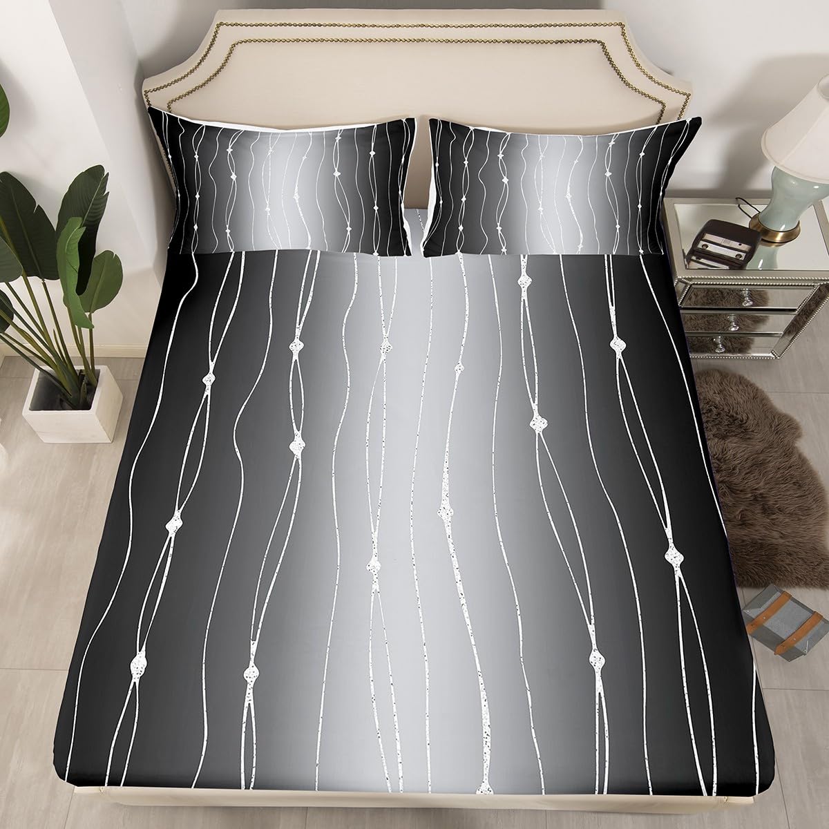 Erosebridal Black and Grey Bed Sheets Set Gradient Ombre Queen Size Sheet Sets, Wave Lines Dots Sheets Aesthetic Bed Set Modern Abstract Flat Sheet Bedroom Decoratives 4-Piece