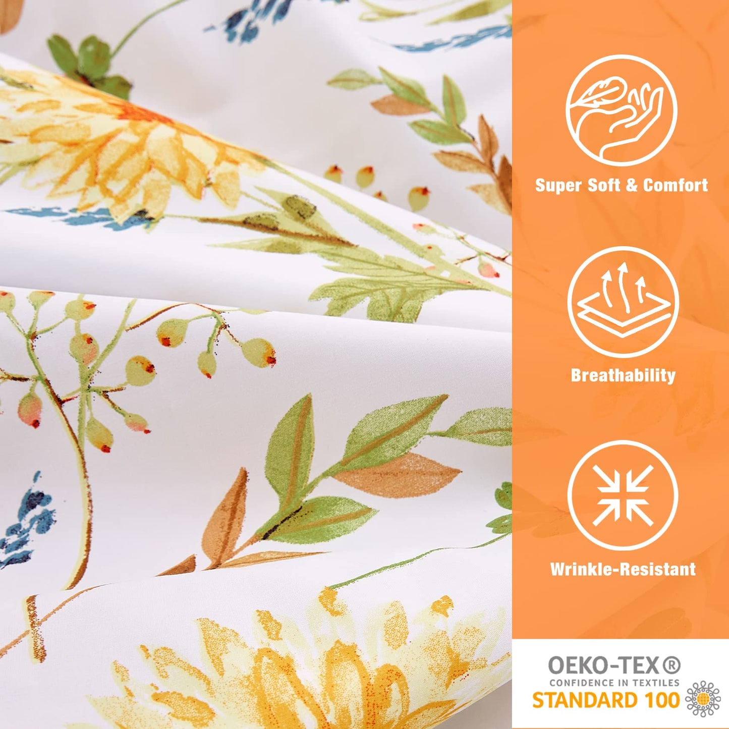 JSD Yellow Floral Printed Sheet Set King Size, 4 Piece Soft Botanical Microfiber Bedding Sheets Extra Deep Pocket