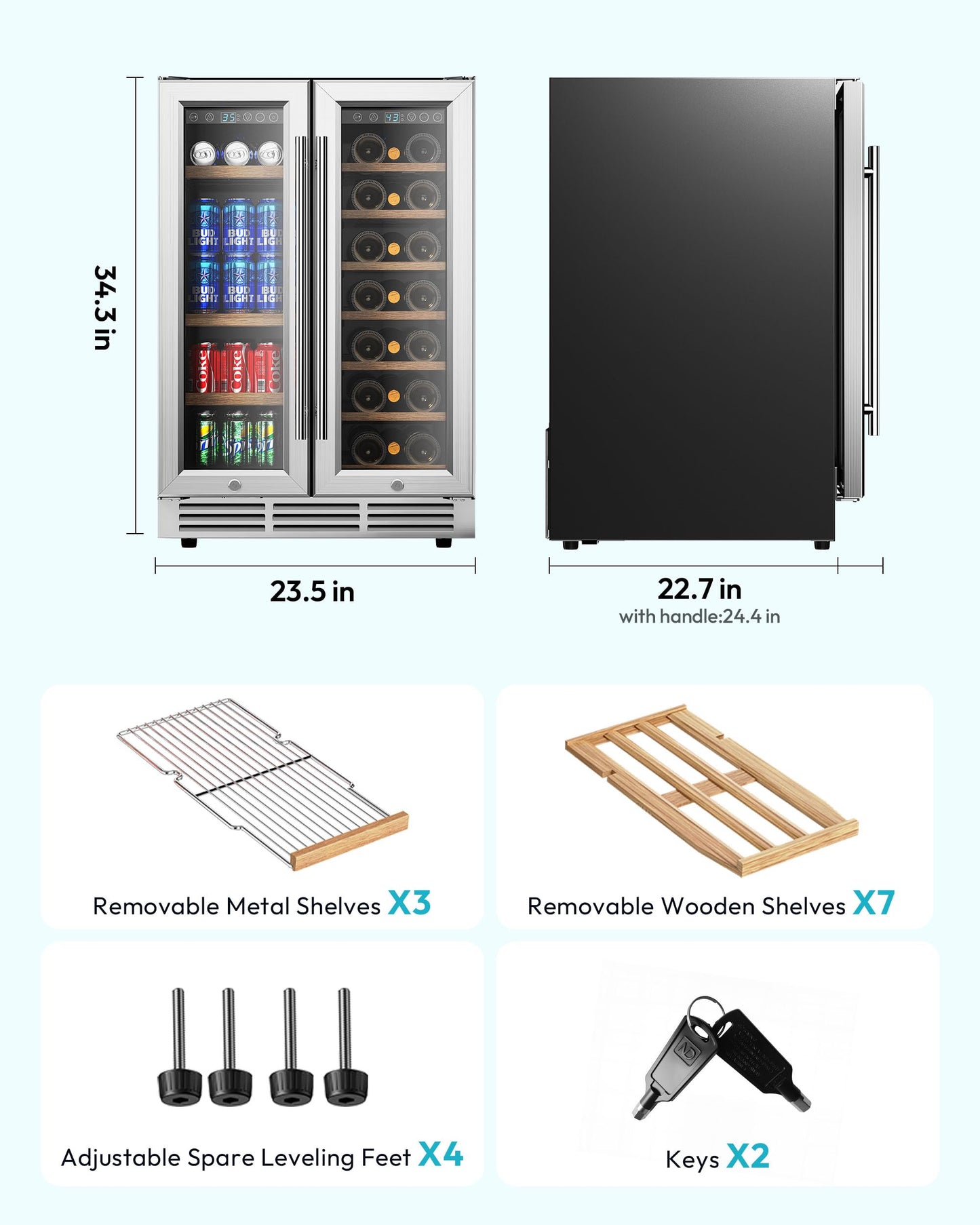 EUHOMY Wine and Beverage Refrigerator, 24 Inch Dual Zone Wine Cooler with Glass Door Hold 21 Bottles and 88 Cans, Built in or Under Counter Wine Fridge with Blue LED Light
