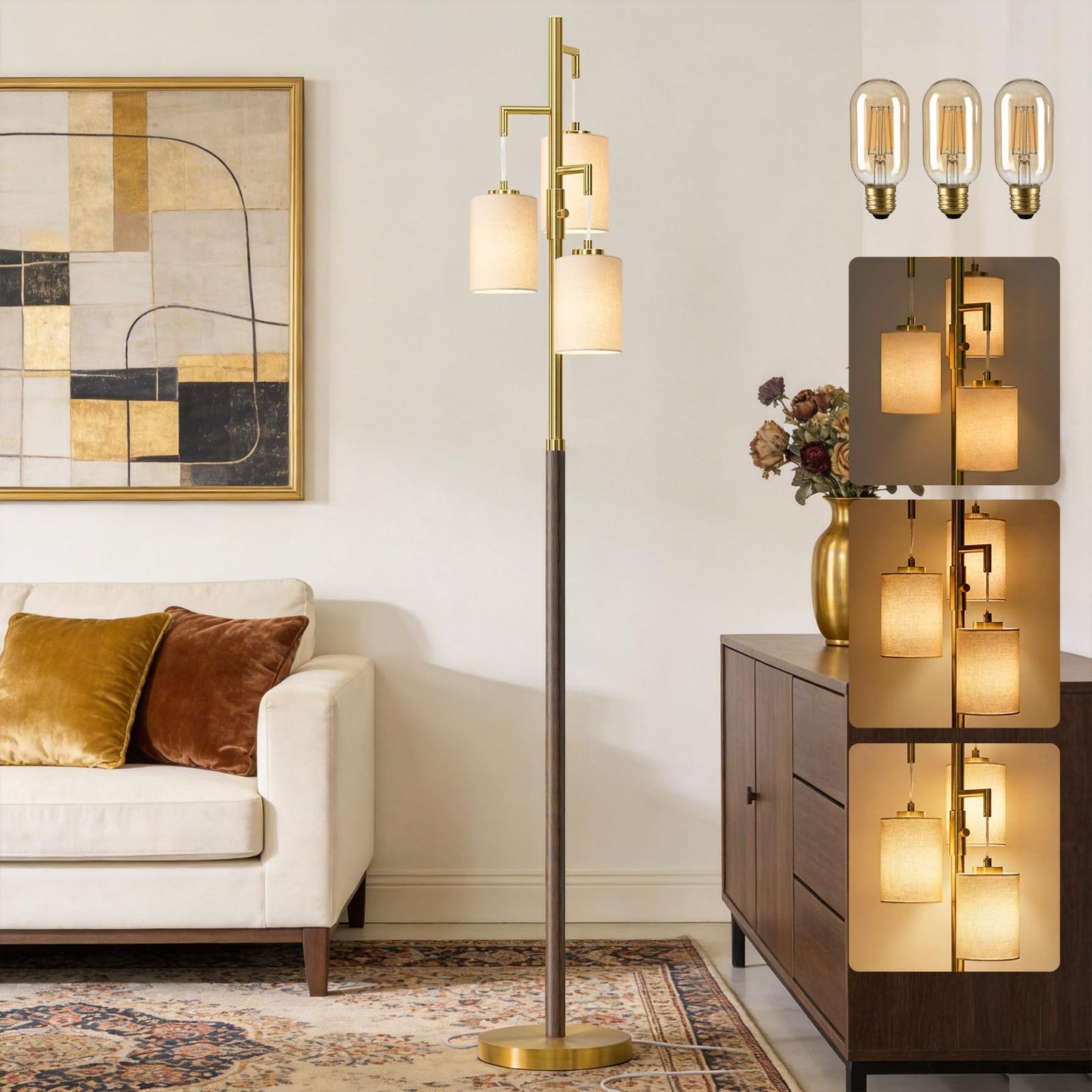 G-SAFAVA 70" Dimmable Floor Lamp Wood Floor Lamps for Living Room Bedroom Mid Century Modern Floor Lamp Gold Standing Lamp Tall Lamps for Office Nursery Reading Elegant Stand Up Lamp, 3 Bulbs Included