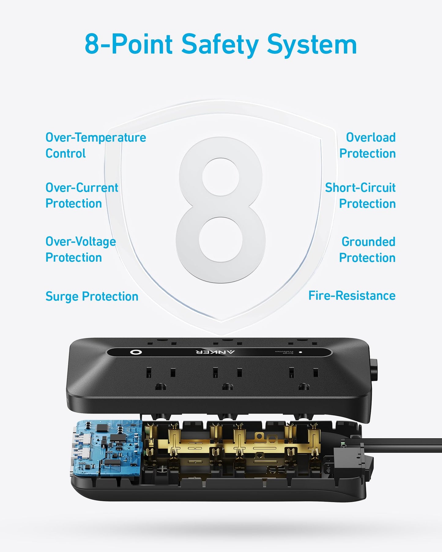 Anker 300J Flat Plug 10-in-1 Ultra Thin Power Strip with 6 AC, 2 USB-A & 2 USB-C Ports, Extension Cord, Desk Charging Station for Home, Office, College, Dorm, 5 Feet, Black