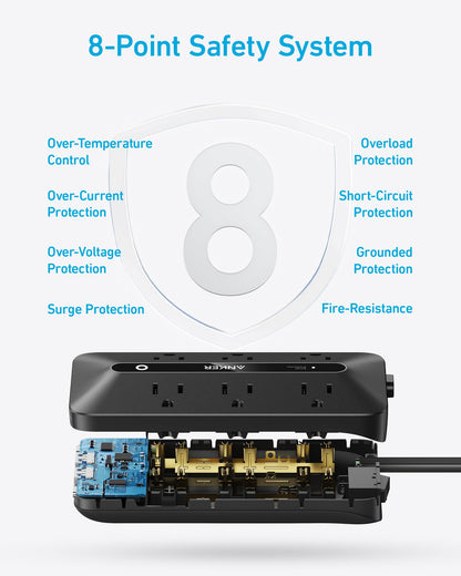 Anker 300J Flat Plug 10-in-1 Ultra Thin Power Strip with 6 AC, 2 USB-A & 2 USB-C Ports, Extension Cord, Desk Charging Station for Home, Office, College, Dorm, 5 Feet, Black