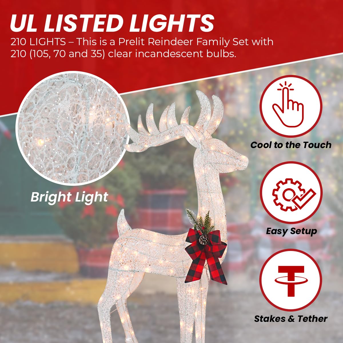 3-Piece White Fabric Reindeer Family - Lighted Deer Set - 210 Lights 52" Buck 44" Doe 28" Fawn - Large Deer Family for Indoor or Outdoor Christmas Decorations Yard Art