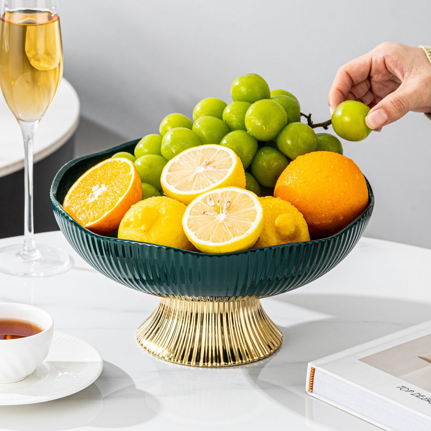 CCATSIX Ceramic Fruit Bowl,10” Pedestal Bowl, Decorated Fruit Tray for Kitchen Counter and Dining Table, Footed Bowls for Afternoon Tea Parties, Bread and Salad Bowl with Golden Feet. (green)