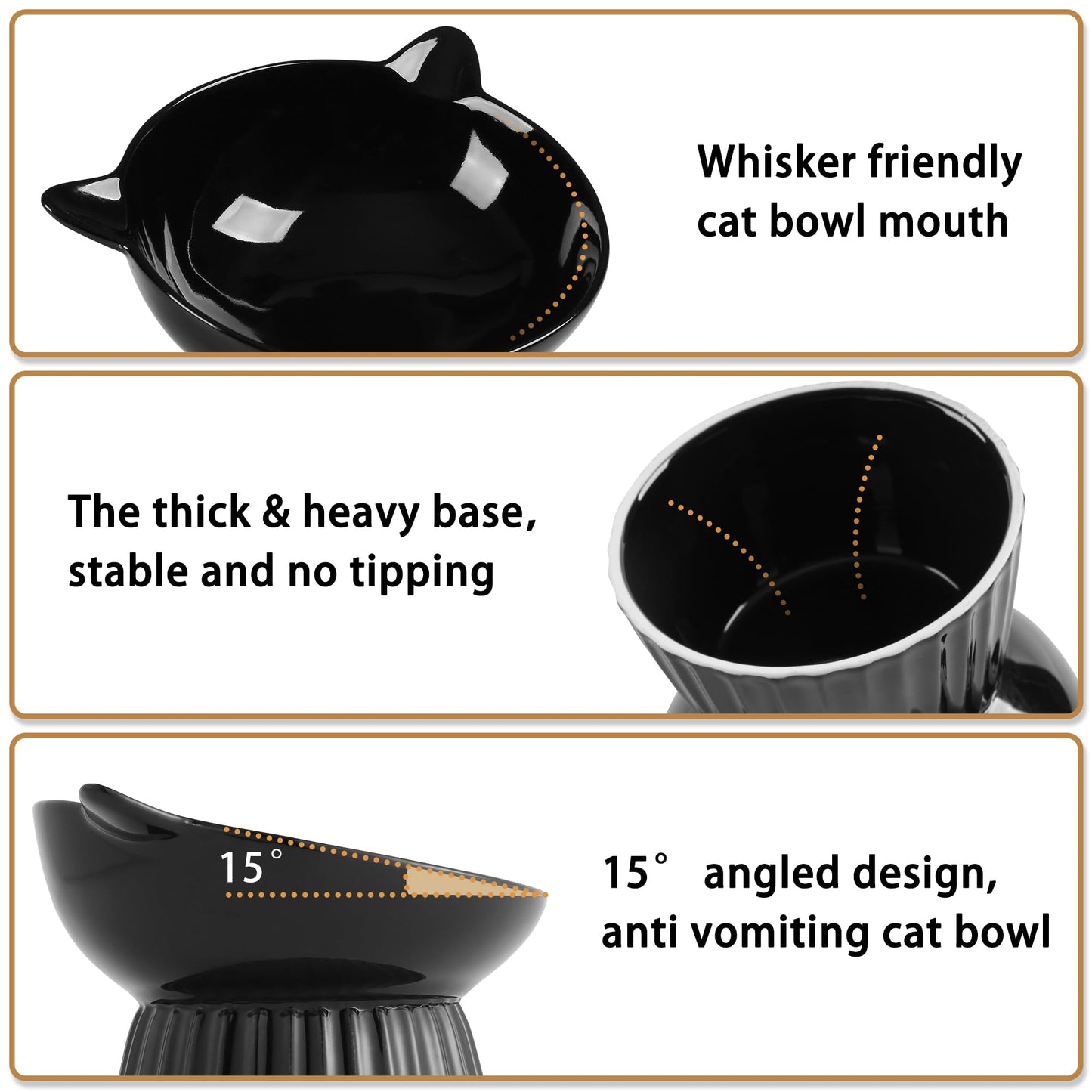 Wellbro Ceramic Raised Cat Bowl，Tilted Raised Bowl Anti Vomit for Indoor Cats Whisker Friendly Pet Feeder for Cats Puppies, Microwave and Dishwasher Safe (Black)