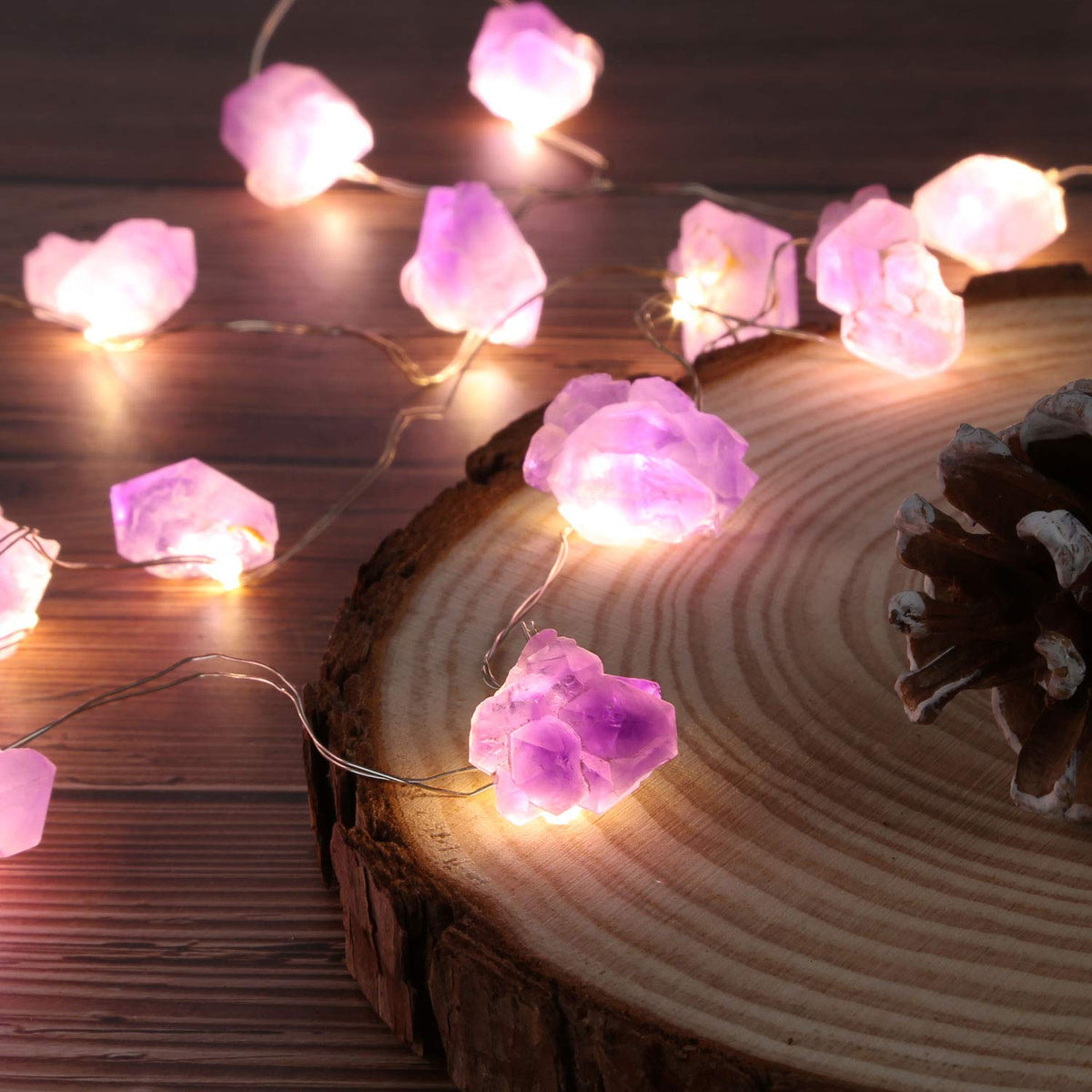 Natural Amethyst Decorative Lights Crystal Indoor String Lights Raw Stones 8.5feet 20LEDs with Remote Control, Hanging Healing Reiki Ornaments Battery Operated for Room Wedding Valentines Day Decor