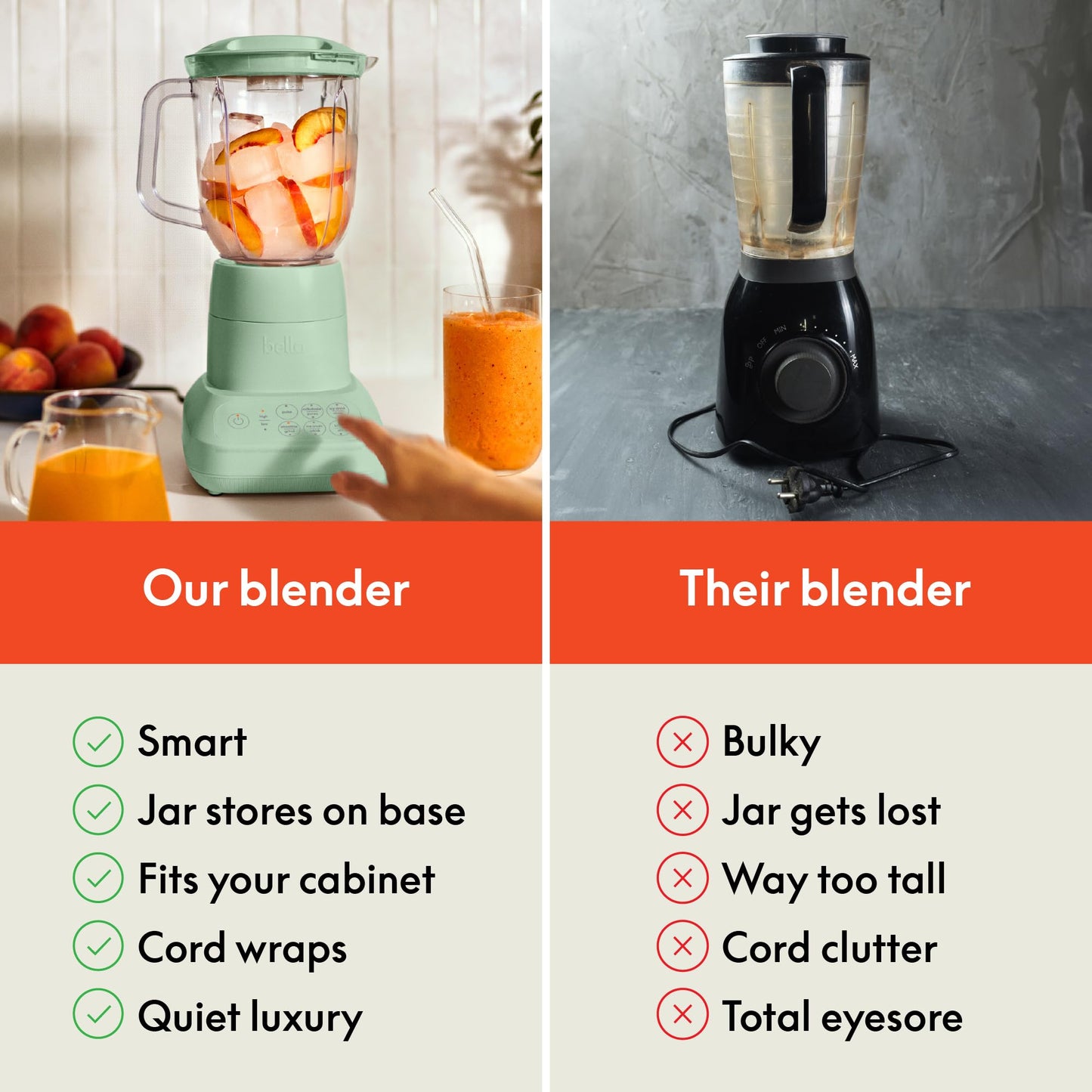 bella 10 Speed Countertop Blender, Juicer & Smoothie Maker, Fits-anywhere™ Kitchenware, Slim Flip & Store Design, Dishwasher Safe 48oz Capacity Pitcher & Lid, Stainless Steel Blade, 450 Watt, Oatmilk
