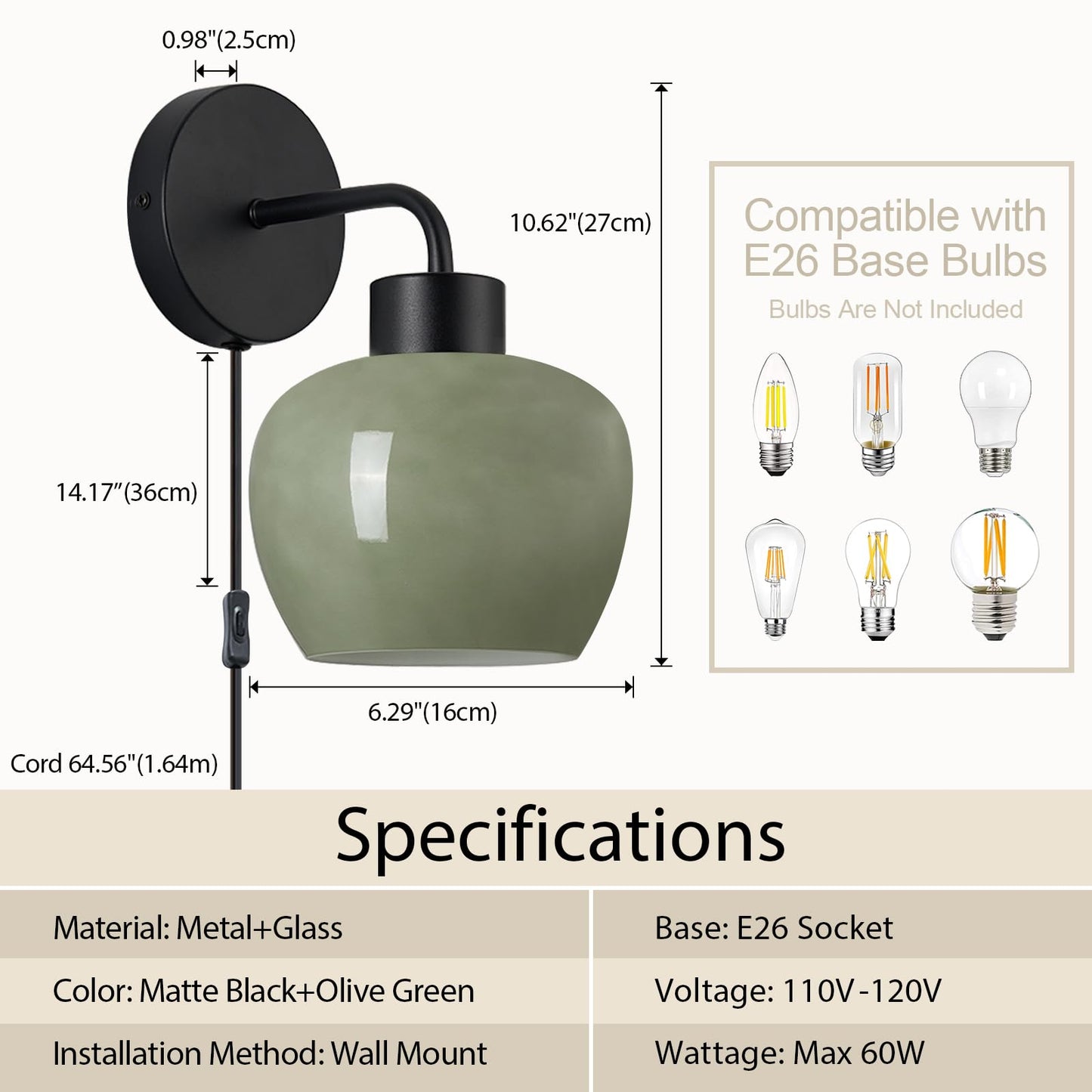 Nitimuto Modern Wall Sconces - Olive Green Milk Glass Plug-in Wall Lamp with Matte Black Finish, Industrial Boho Lighting for Bedroom, Living Room