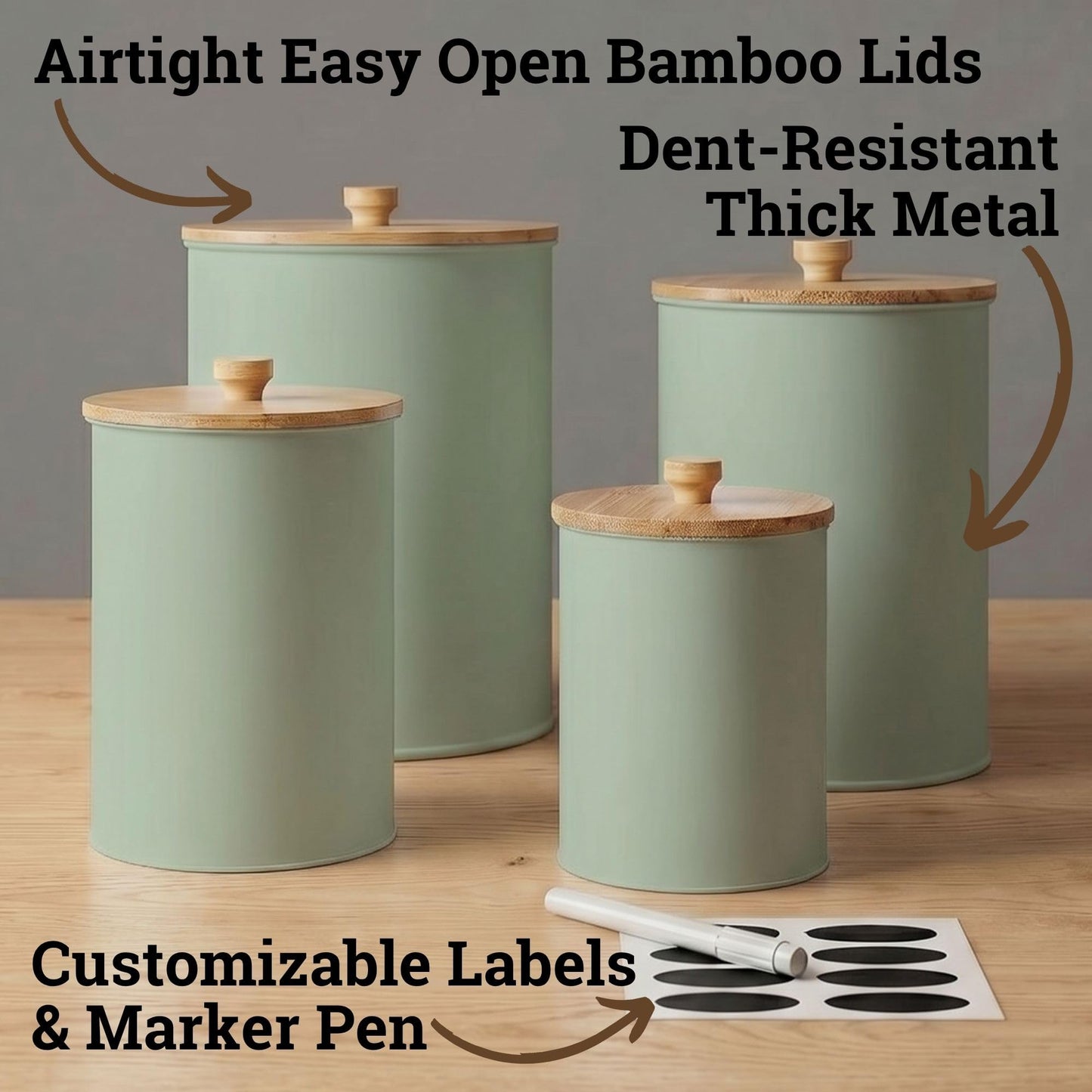 Kitchen Canisters for Countertop Set of 4 with Customizable Chalkboard Labels & Marker Pen - Big Iron Kitchen Canisters with Airtight Lids - Sage Green Canister Set - Flour and Sugar Containers