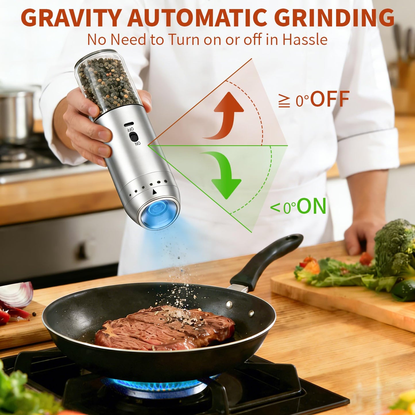 Electric Salt and Pepper Grinder Set, Automatic Enlarged 176ml Mill 2 Pack, Gravity-Sensing, Rechargeable Pepper Grinder, Stainless Steel, 6 Adjustable Coarseness, Kitchen Gadget Accessories
