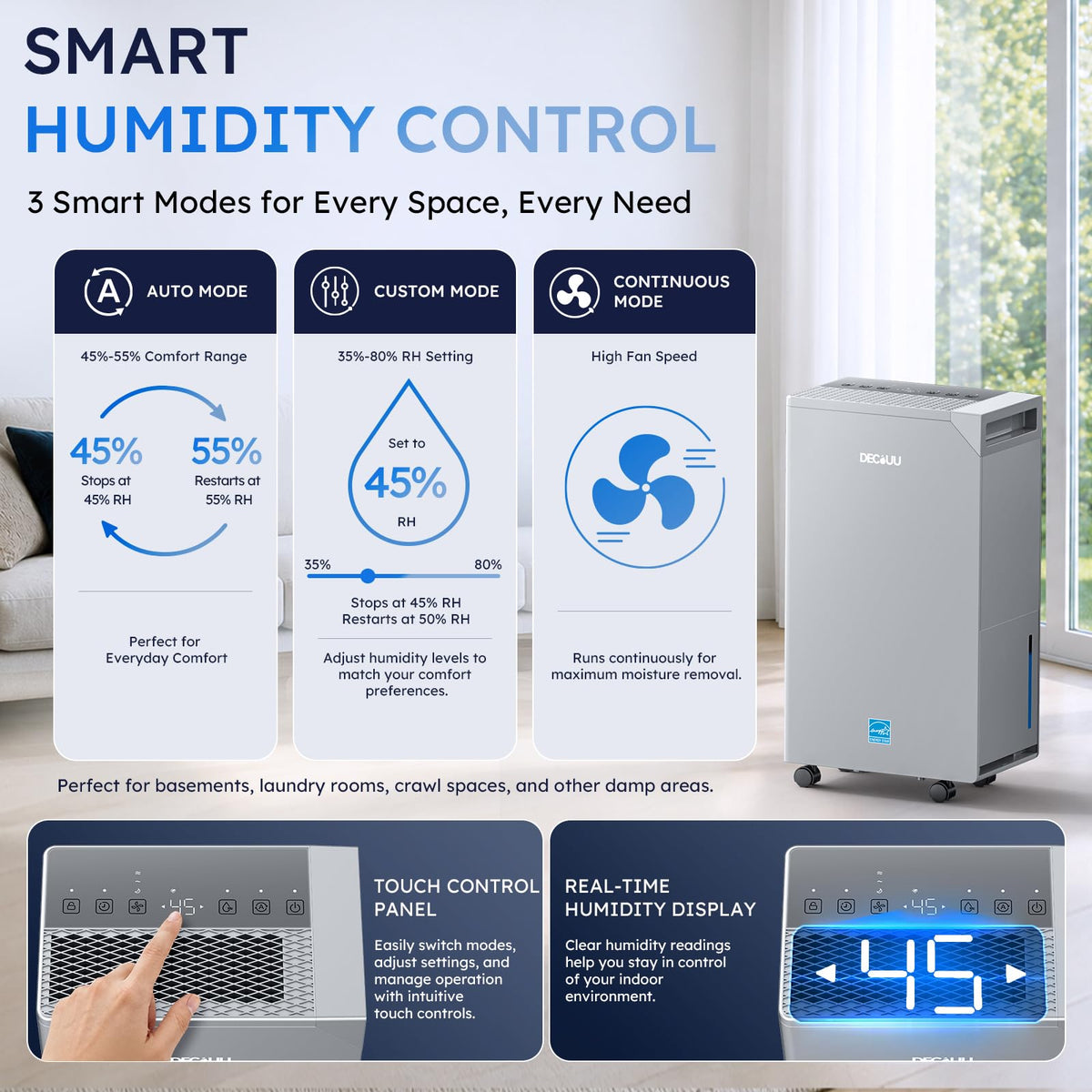 DECIUU 5000 Sq.Ft Energy Star Most Efficient 2024 Dehumidifier, Max 100 Pint Moisture Removal, Auto Defrost, Drain Hose, Smart Humidity Control for Basement, Home, Garage, Bathroom, Laundry Room