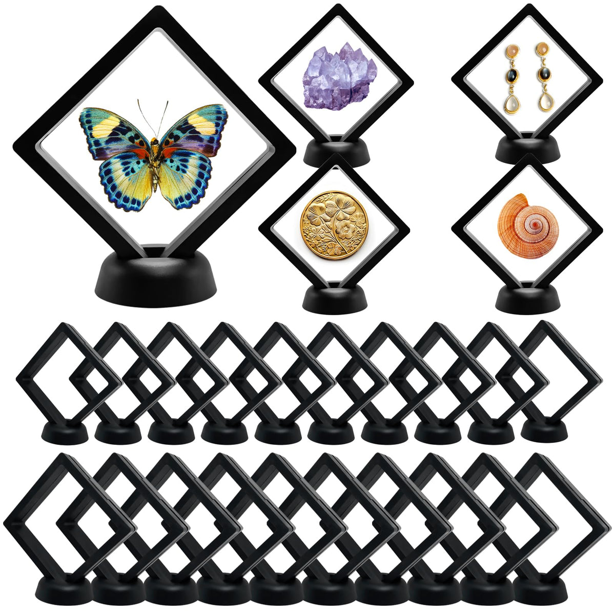 3D Floating Frame Display Cases, 20Pcs Transparent PE Film Jewelry Storage Box with Base Challenge Coin Display Frames Holder Stands Small Shadow Box Frame for AA Medallions Medal, Rock, Ring Necklace