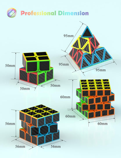 ROXENDA Speed Cube Set, 2X2 3X3 4X4 Pyramid Cube Stickerless with Instruction [4 Pack] (Carbon Fiber Cube Set)