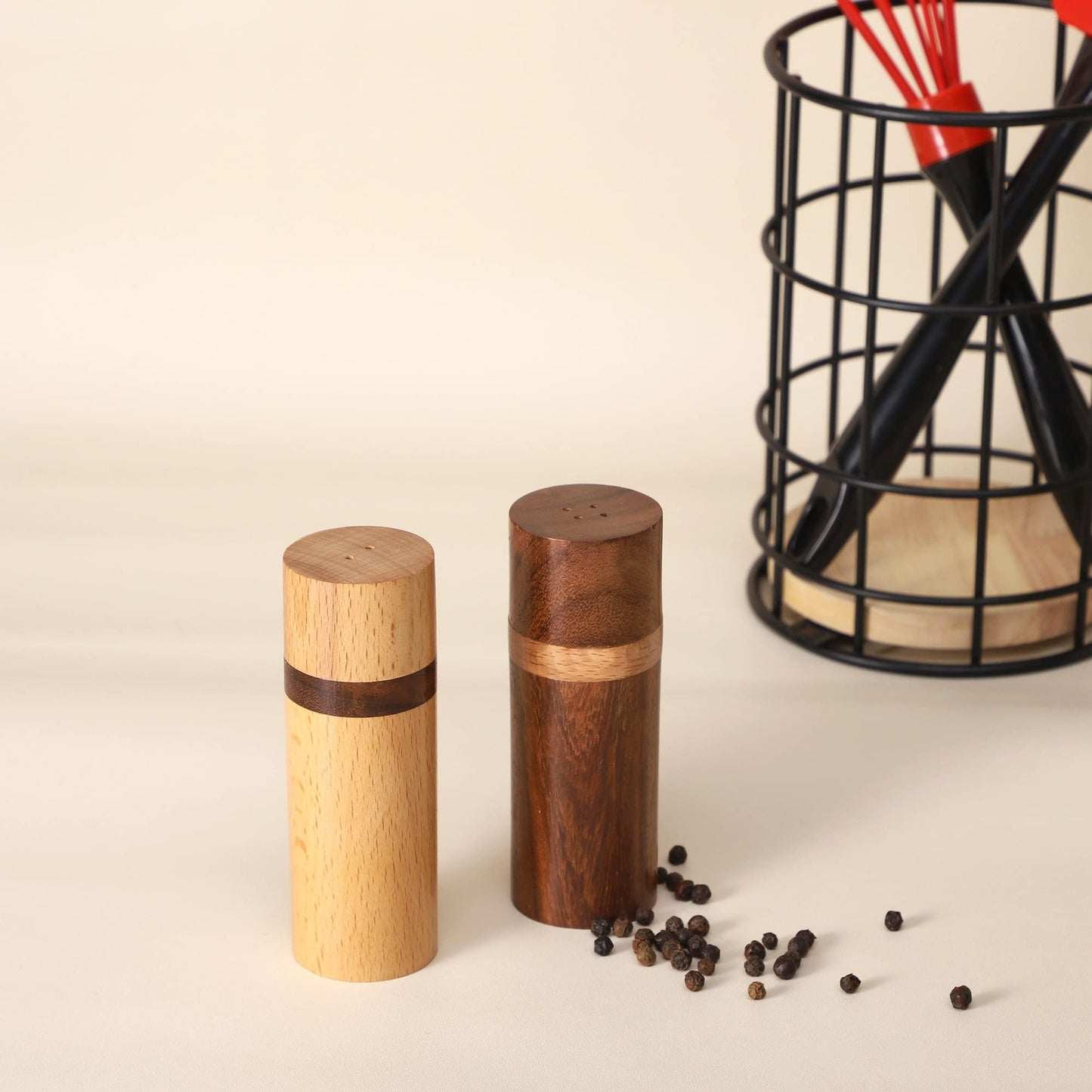 Wooden Salt & Pepper Shaker Set of 2 | Premium Oak & Rosewood | Tabletop Spice Shakers for Dining Table & Kitchen