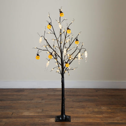 Nearly Natural 5ft Pre-Lit Halloween Pumpkins and Skulls Ornament Tree with 72 Warm White LED Lights