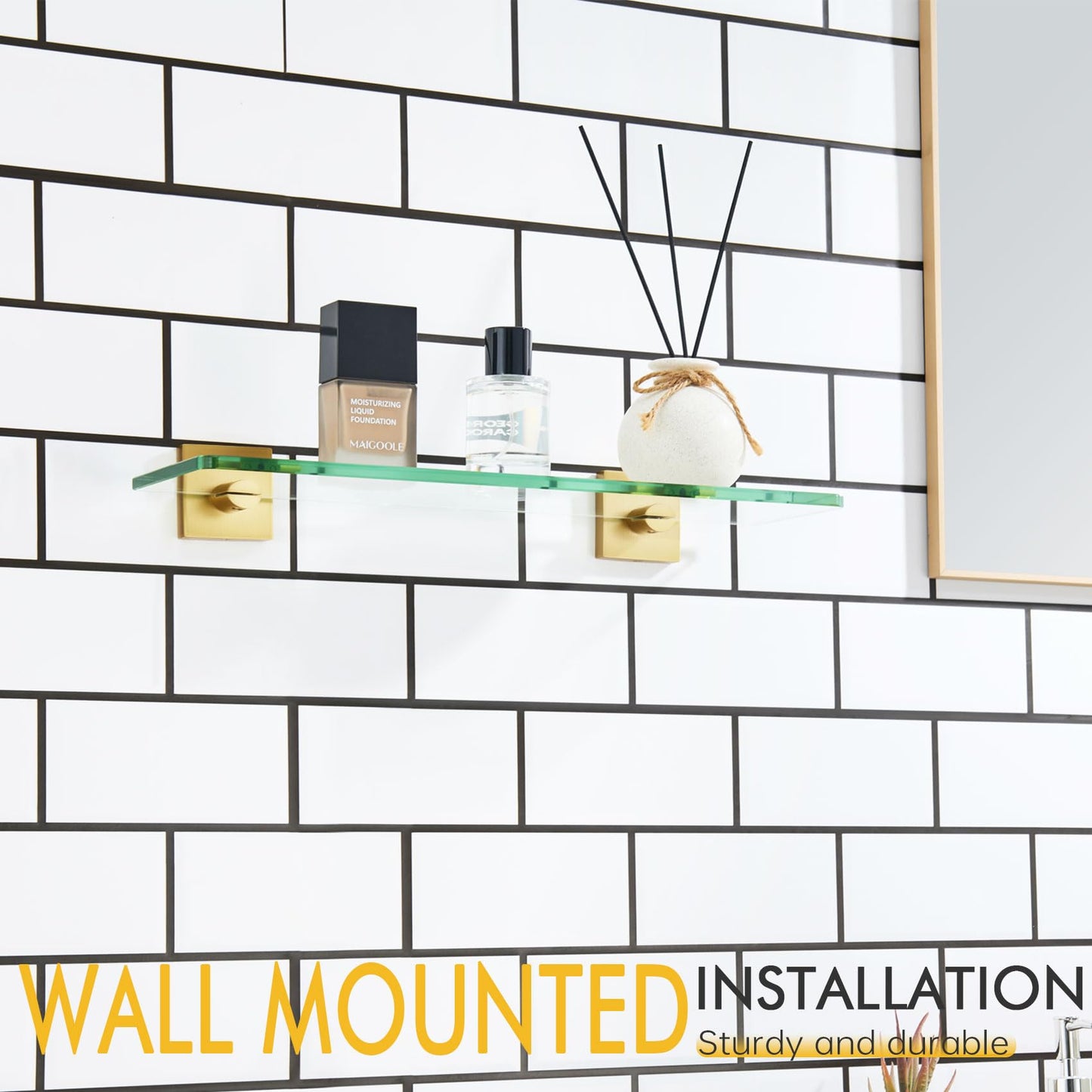 KOKOSIRI Floating Wall Shelf 16-Inch Bathroom Tempered Glass Shelves Shower Hanging Rack for Kitchen Storage Home Decor, Gold Stainless Steel B1107BG-L16