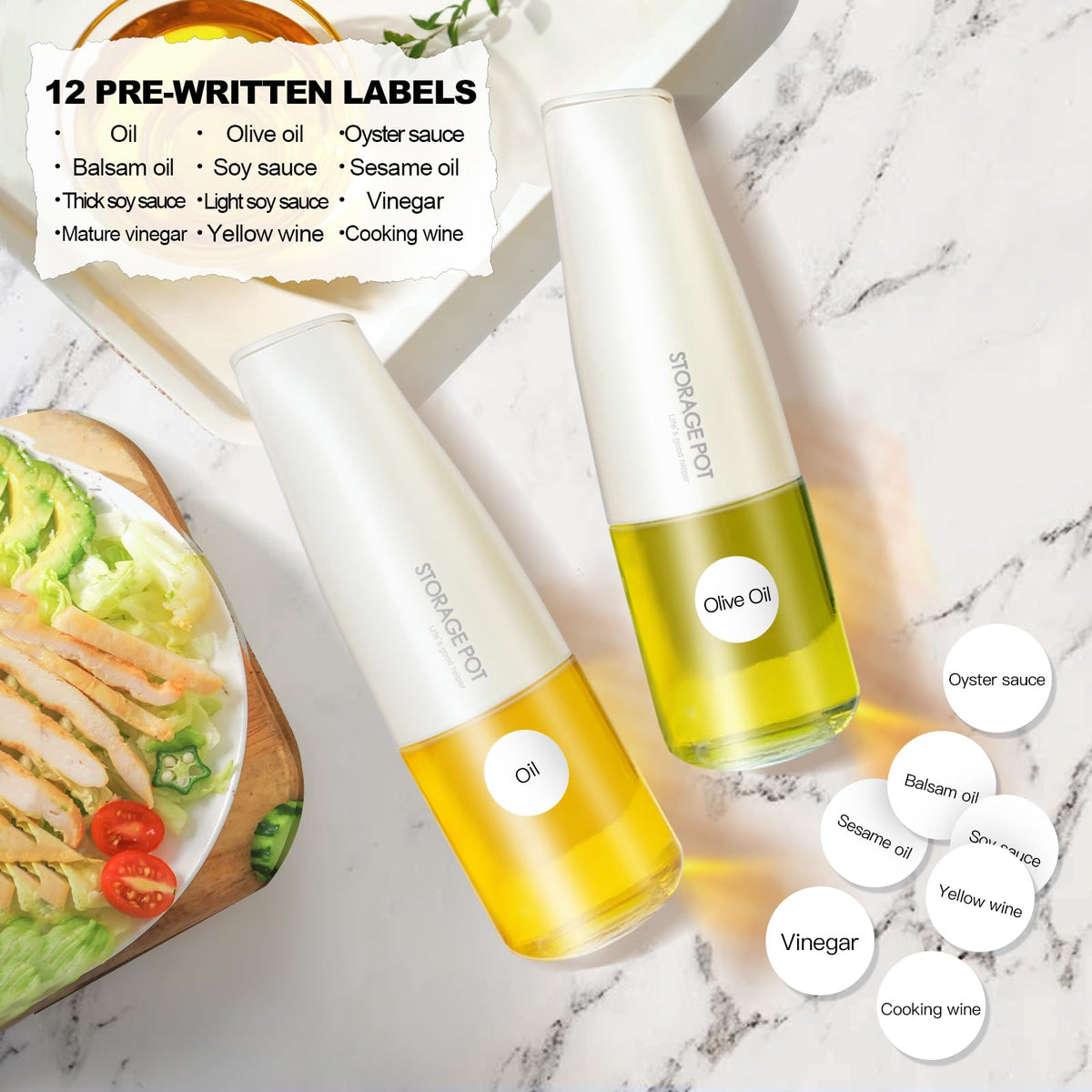 YARRAMATE 2Pcs Large Capacity Aesthetic Olive Oil Dispenser for Kitchen, 500ml /17oz Cooking Glass Vinegar Drizzler, Leak Proof Oil Bottle, Non-Drip Soy Sauce Dispenser, Oil Pourer&Labels(White&Black)