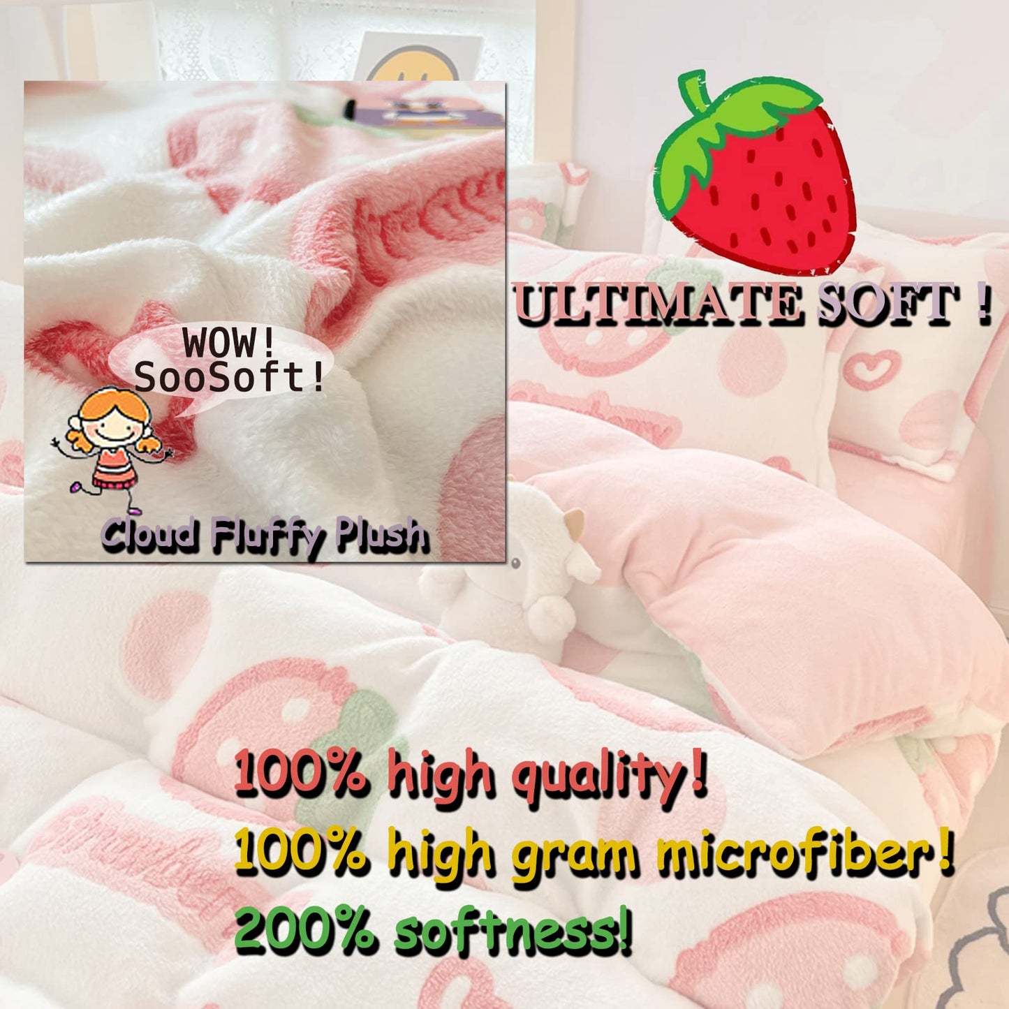 MorroMorn Twin Duvet Cover Set, Pink Strawberry Cute Bedding Sets, Fluffy Comforter Covers Lightweight Blanket Ultra Soft Kawaii for Girls Kids Toddler Teen Women Twin/Twin XL Size