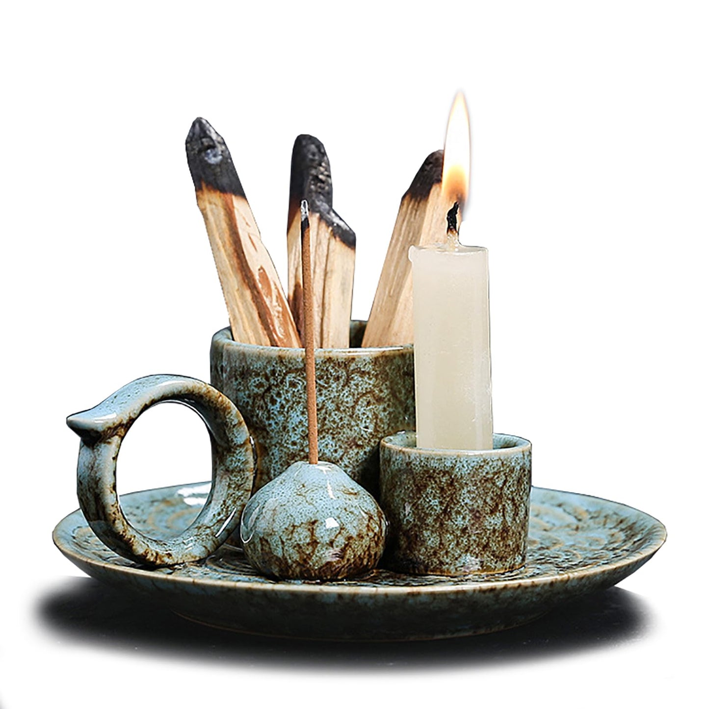 4 in 1 Ceramic Incense Burner Holder with Handle for Burning Sage, Palo Santo Stick, Joss Sticks, Candle in Your New House, Office, Yoga, Meditation Room (Speckled Blue)