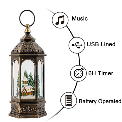Christmas Snow Globe Lantern Lighted Holiday Village Church with Music& Timer, USB Lined/Battery Operated Lighted Lantern for Christmas Festival Decoration Gifts