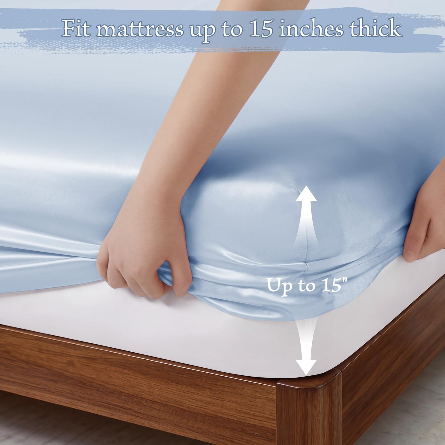 P Pothuiny 3-Piece Set Pintuck Satin Pillowcases & Twin Fitted Sheet, Baby Blue Satin Sheet Silky Soft Luxury Romantic Pinch Pleated Bedding Bedroom Dorm Decor, 15 Inch Deep Pocket