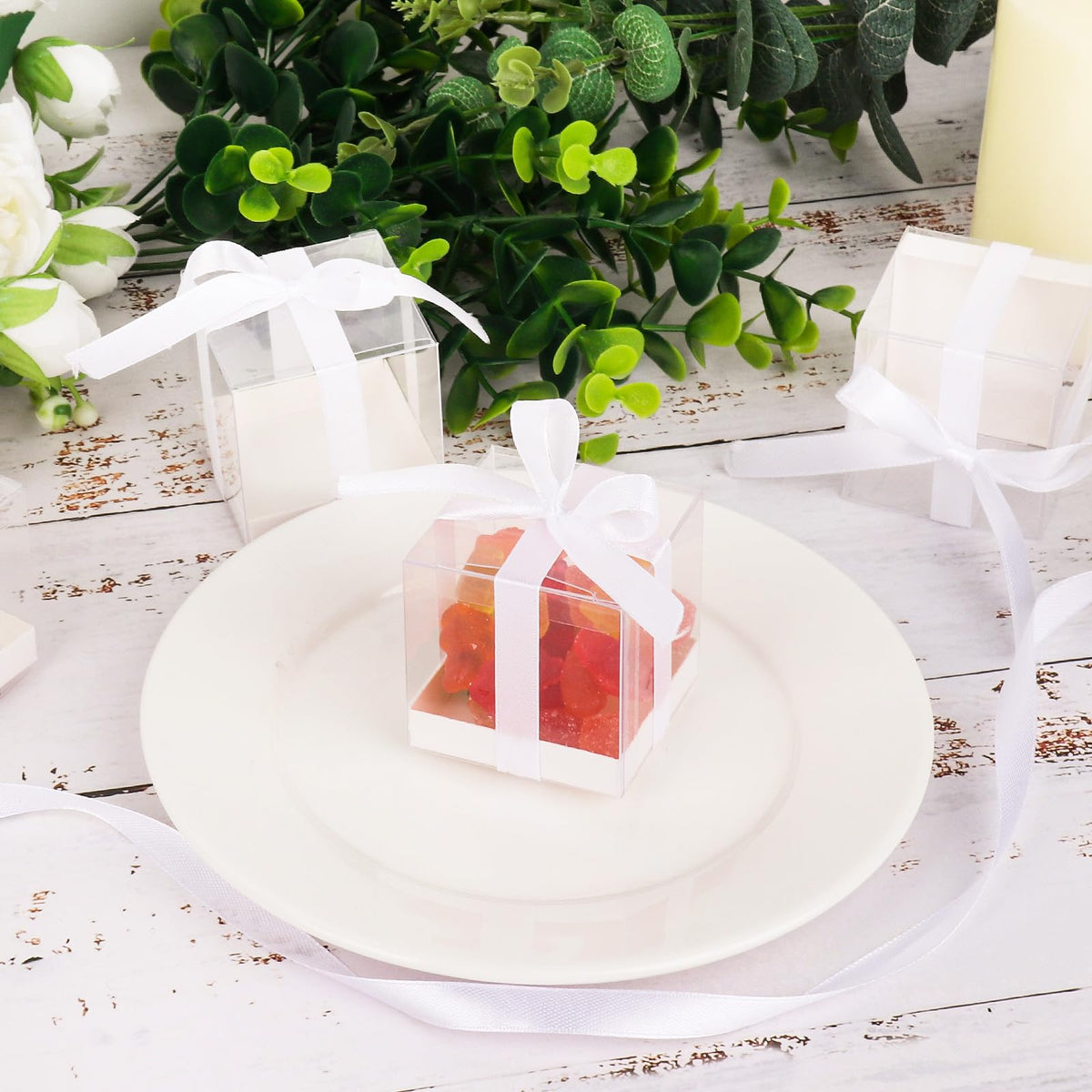 Hxezoc 50 Pack Favor Boxes, 2x2x2 Inches Clear Candy Treat Boxes with White Ribbons, Mini Plastic Gift Boxes for Wedding, Birthday Party, Baby Shower, Classroom Decoration Supplies