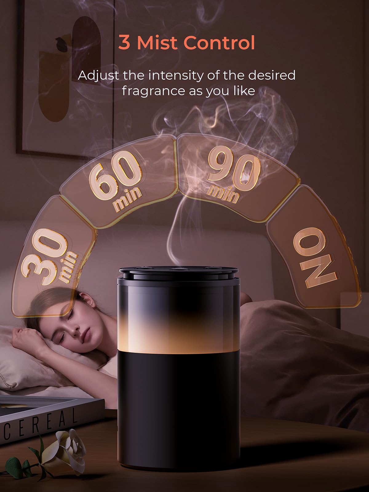 Pmsusoow Battery Operated Waterless Diffuser – Portable Scent Machine for Car, Office & Bedroom, Ultrasonic Aroma Mist with 9 Color LED Light, Mini Essential Oil Diffuser Obsidian Black