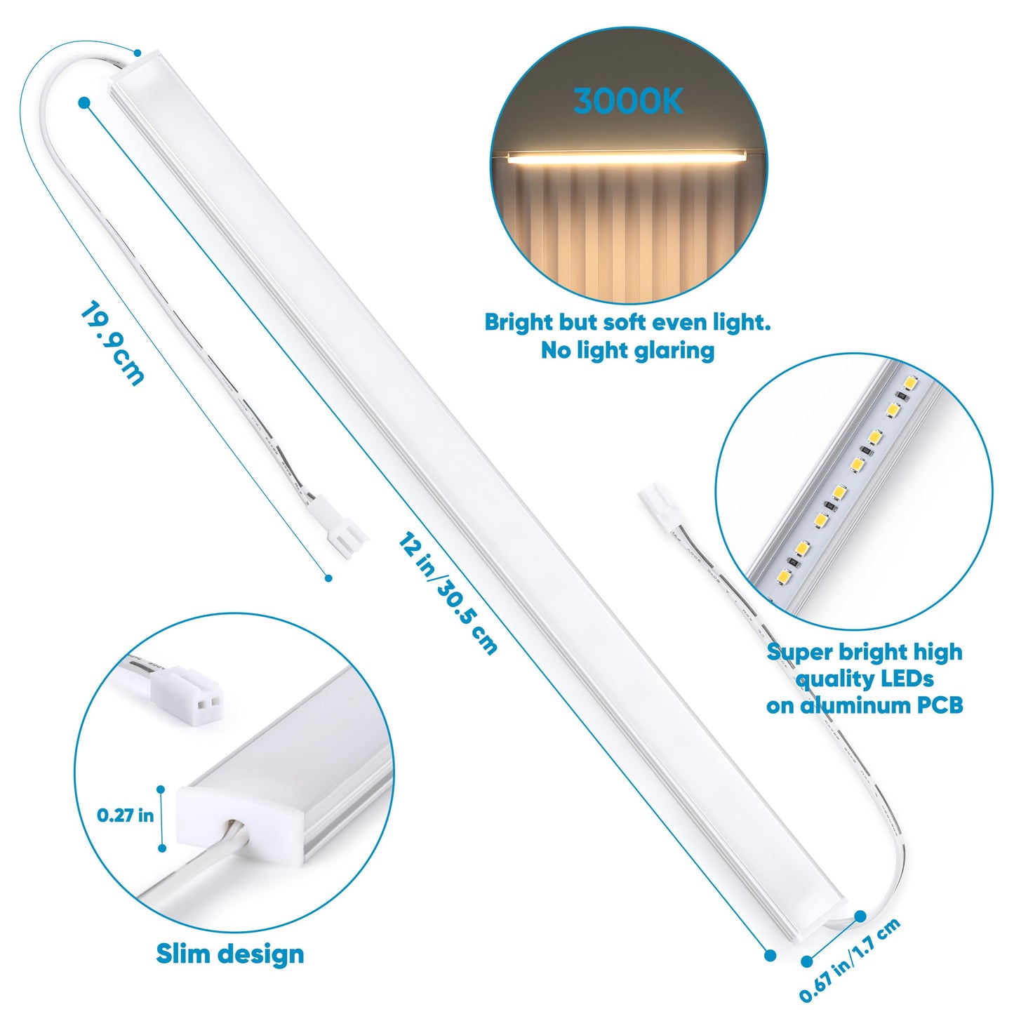 Litever Under Cabinet Lighting Set Plug in, 3 pcs 12 Inches LED Light Bars. Super Bright Dimmable Linkable for Kitchen Undercabinet Counter Top Shelf Pantry Closet Display Lighting. Warm White 3000K