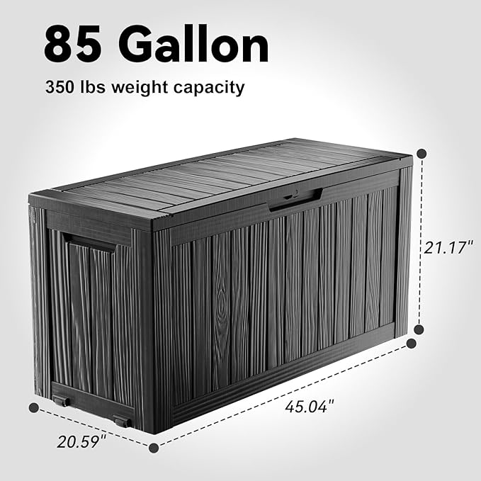 85 Gallon Outdoor Deck Box, Lockable Waterproof Outdoor Storage Boxes For Garden Tools,Indoor Cushions,Accessories Outside Storage Resin Weatherproof Container(Black)