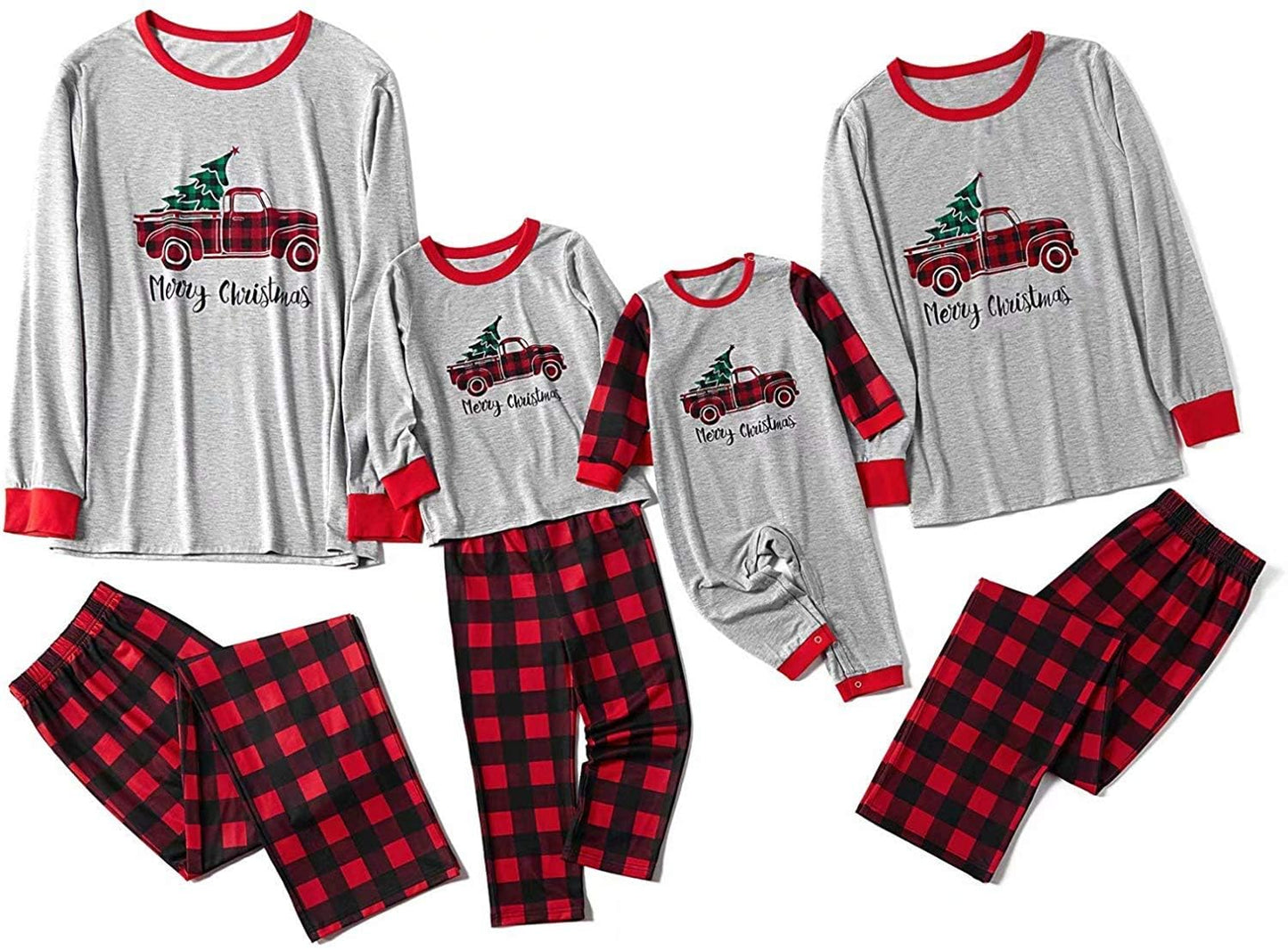 IFFEI Matching Family Pajamas Sets Christmas PJ's Sleepwear Truck Print Top and Plaid Pants with Pocket 6-7 Years