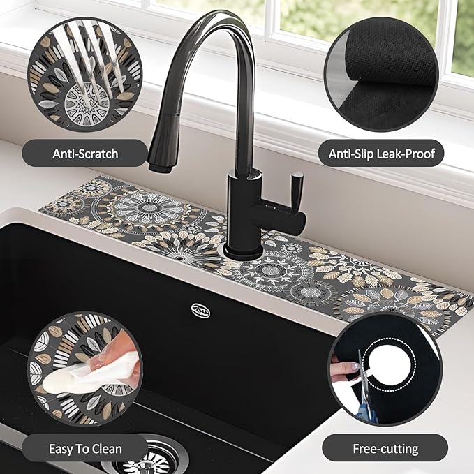 24" X 5.5" Kitchen Sink Splash Guard Faucet Mat Mandala Super Absorbent Fast