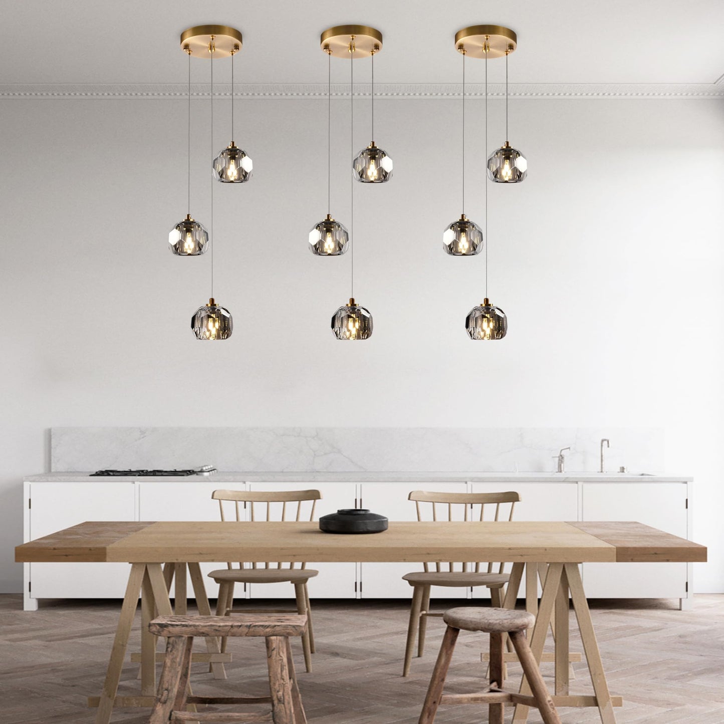Yaskina 3-Light Prism Crystal Pendant Light, Modern Smoke Crystal Pendant Light Fixtures 9W, Triple Pendant Round Ceiling Pendant Lighting for Dining Room Kitchen Island