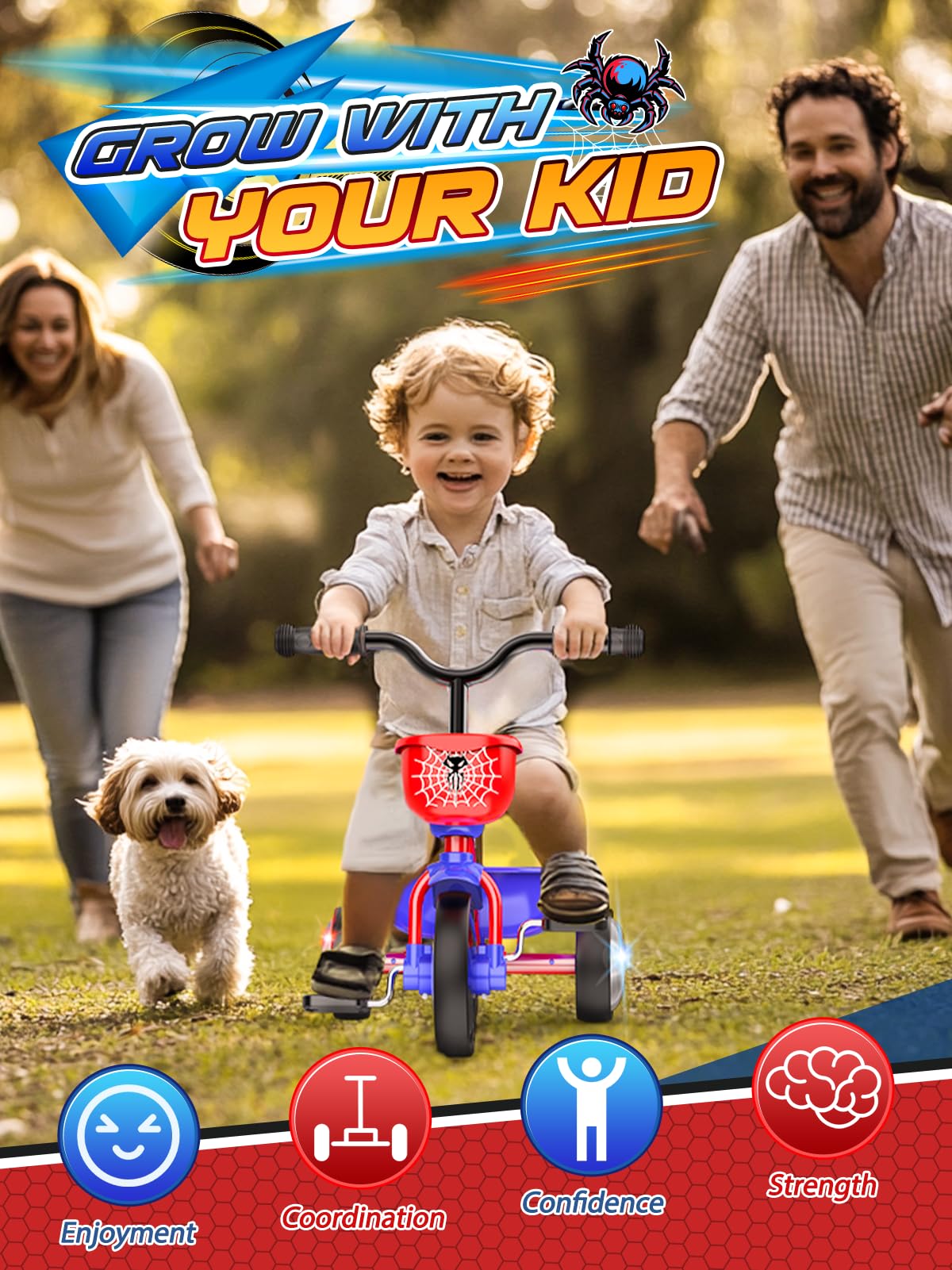 Tricycle for Toddlers 1-3 3-5 Year Olds, Spider Toddler Bike Baby Balance Bike with Colorful Lighting Wheels & Large Basket, Birthday Gift and Toy for 1 2 3 4 5 Year Olds Boys and Girls