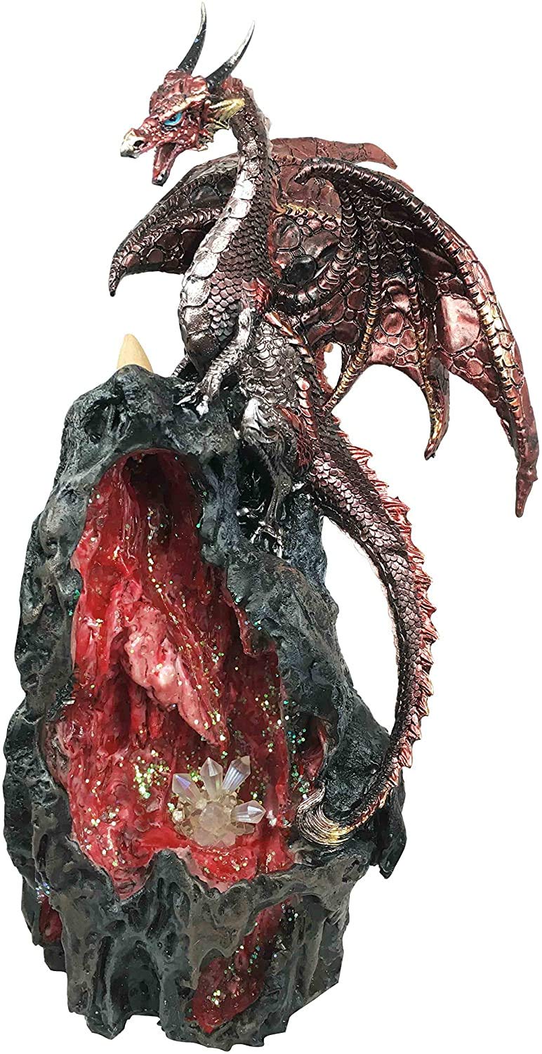 Ebros Red Ember Sapphire Quartz Dragon On Gemstone Geode Cave Mountain Statue 13" Tall with Backflow Incense Burner and Colorful LED Light Crystals Feature Fantasy Dungeons Dragons Decor Figurine