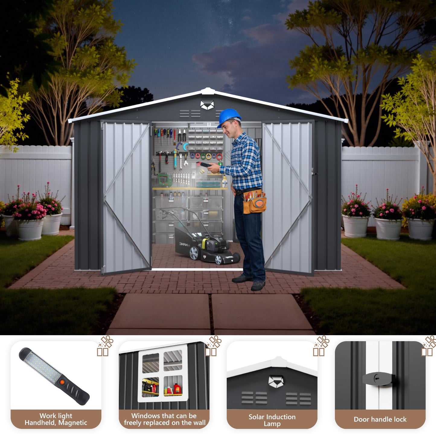 Softkiss 10x8 FT Outdoor Storage Shed, Metal Garden Shed - Tool Storage Sheds with Lockable Doors & 1 Clear Window, Waterproof Outside Storage Building for Backyard, Patio (Black; Floor Not Included)