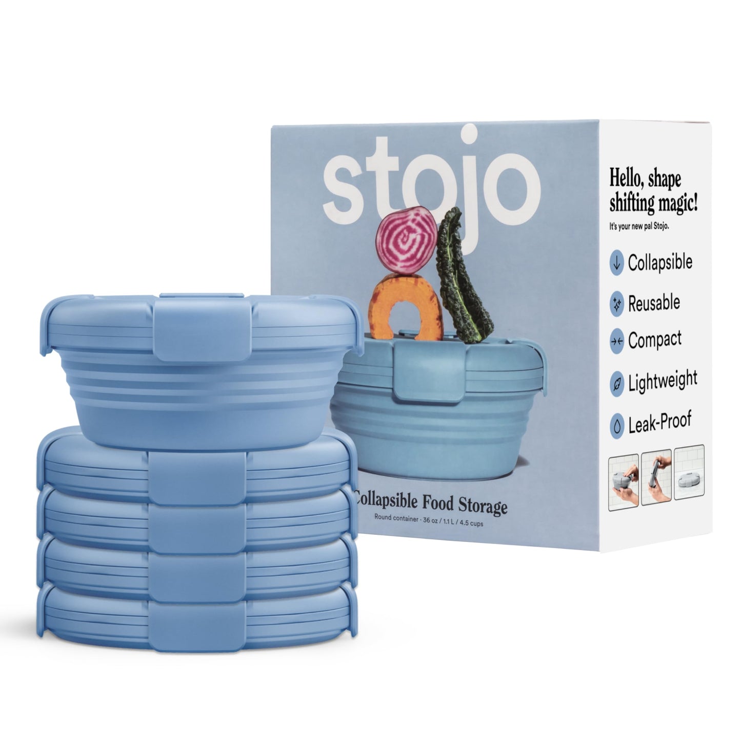 STOJO Collapsible Bowl - Translucent Denim Blue, 36oz - Reusable Silicone Bowl for Hot and Cold Food - Perfect for Travel, Meal Prep, To-Go Lunch, Camping & Hiking - Microwave & Dishwasher Safe
