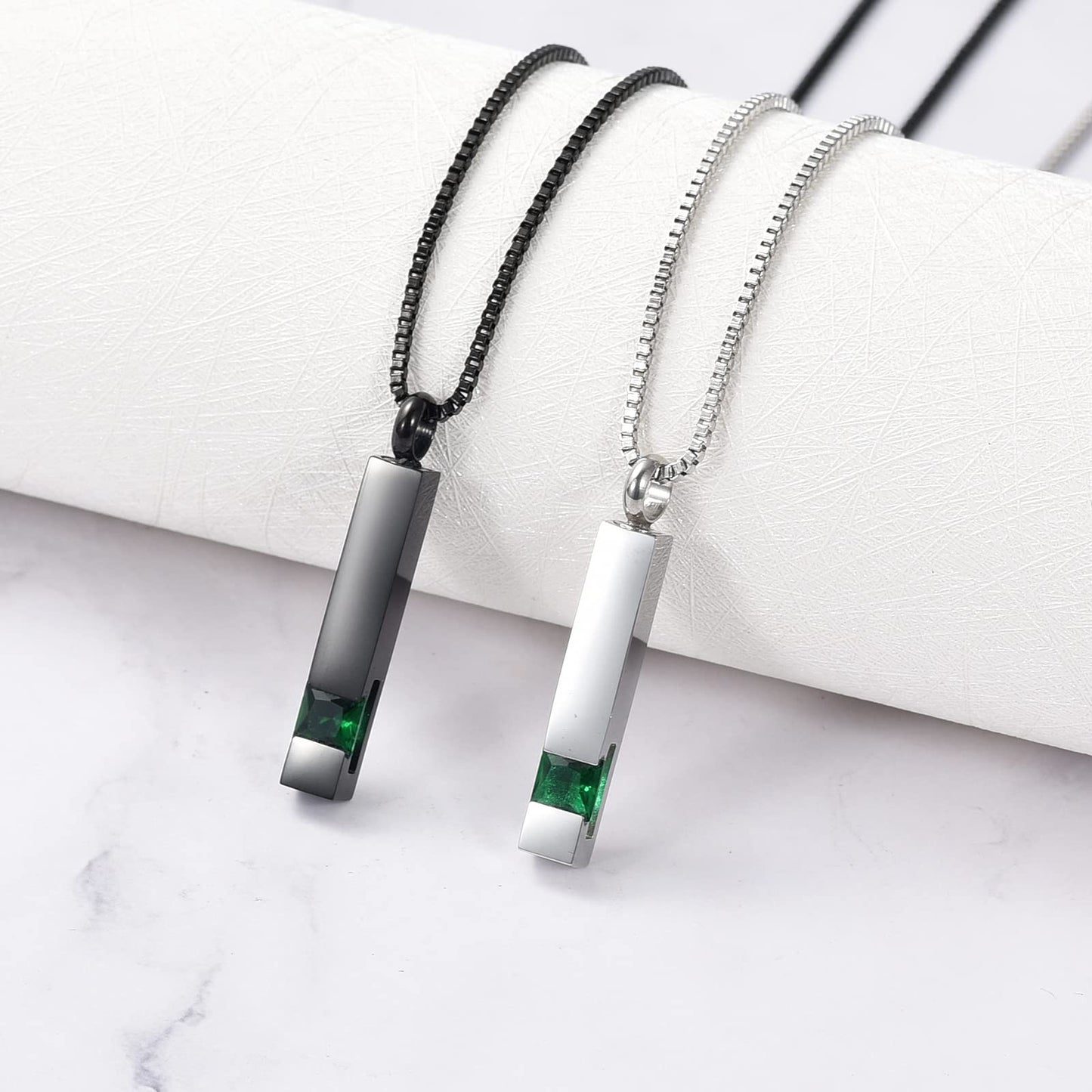 XSMZB Crystal Bar Cremation Urn Jewelry for Ashes Birthstone Cube Memorial Urn Necklace for Women Men Funeral Ashes Keepsake Pendant(2pcs-Green)
