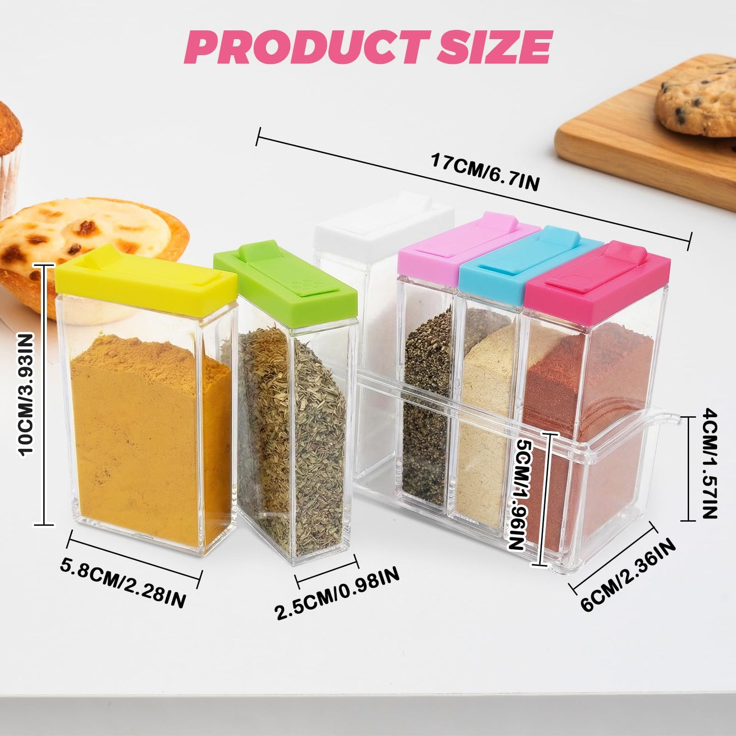 JLNGTHONG 6 Pcs Spice Jars, Empty Spice Containers with Tray, Rectangular Small Seasoning Bottles Supplement Pack for Salt, Herbs, Sugar, Pepper