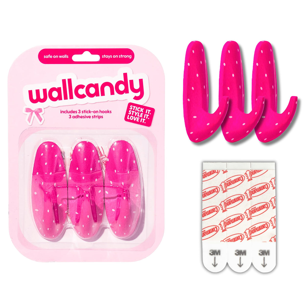 WallCandy Adhesive Wall Hanging Hooks | Pack of 3 Pink Polka Dot Wall Hooks with Heavy Duty Sticky Strips that Hold Up to 3lbs, Easy to Install Hanging Hook for Painted Walls & Kitchen