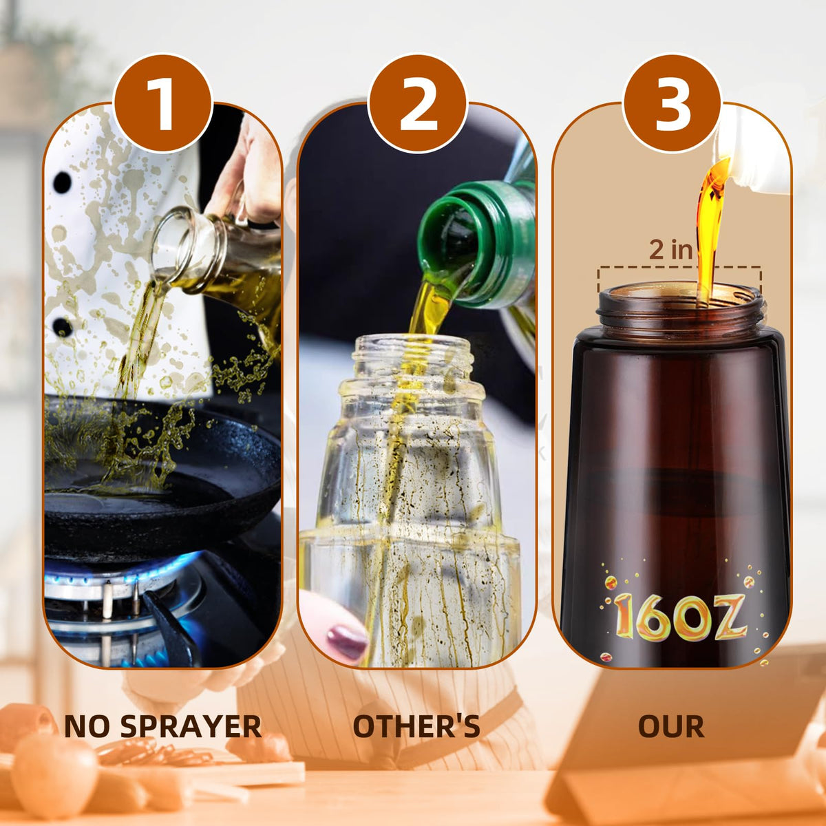 FOASPER 2 In 1 Olive Sprayer Dispenser for Cooking Kitchen, 16oz / 470ml Glass Oil Sprayer Bottle Spray and Pour, Air Fryer, Salad, BBQ, Upgraded Light Blocking Brown