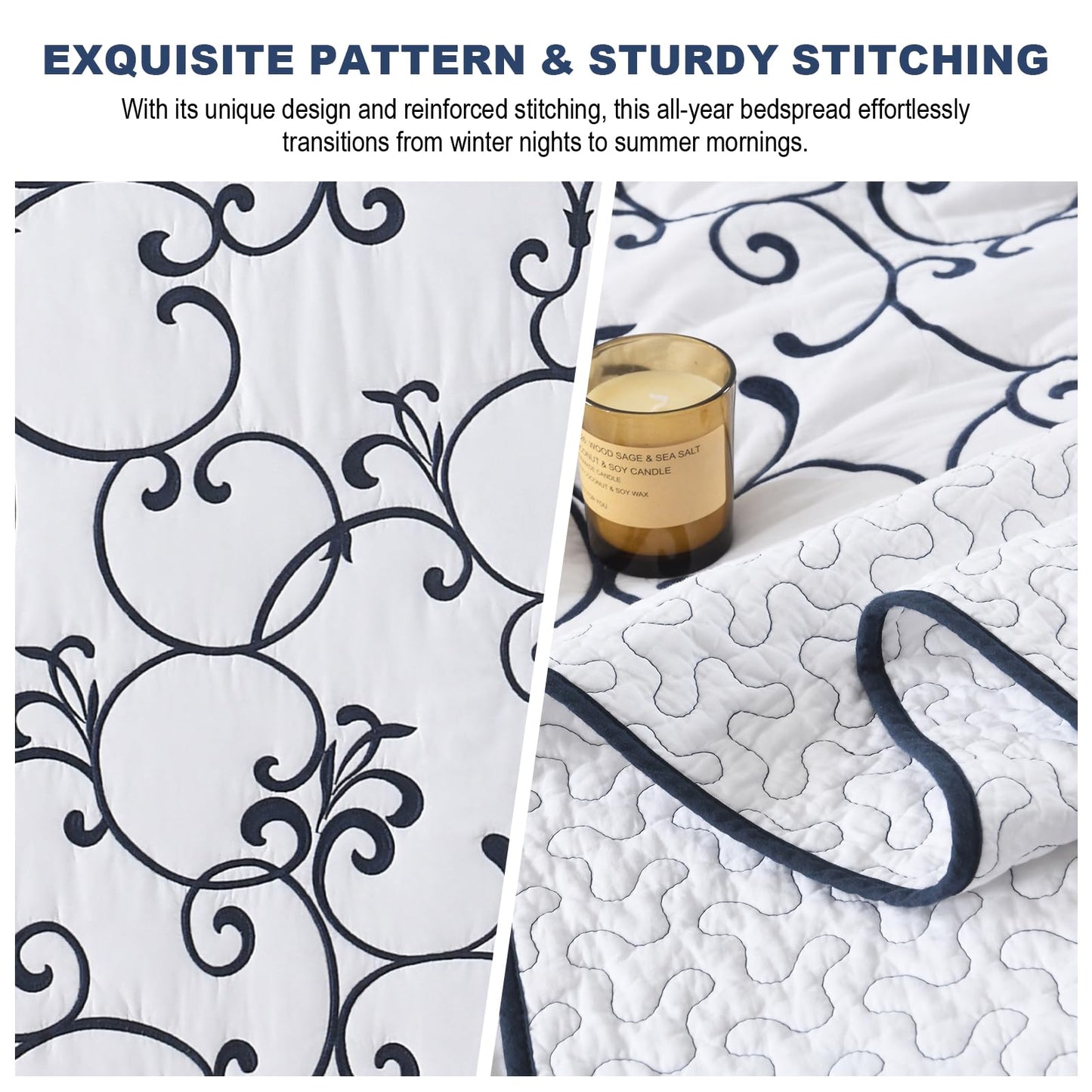 FineStichery Oversized Queen Bedspread 120"x102" - 100% Cotton Extra Large Quilt, Embroidered Bedspread Coverlet with Pillow Shams, Lightweight Quilted Bedding Set 3 Piece, Navy Blue/White
