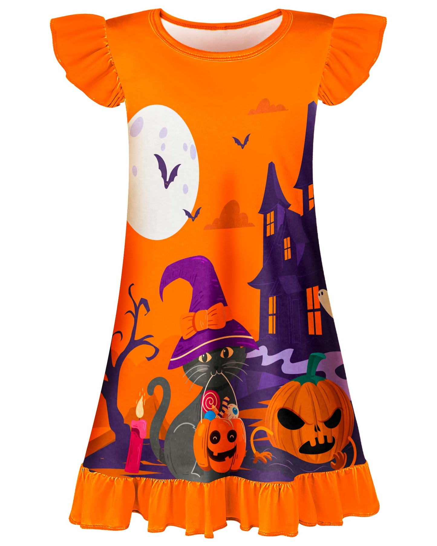 Sylfairy Girls Halloween Nightgown, Cat Toddler Nightgown Princess Pajama Dresses for Girls Sleepwear Nightie Orange 8 Years 9 Years