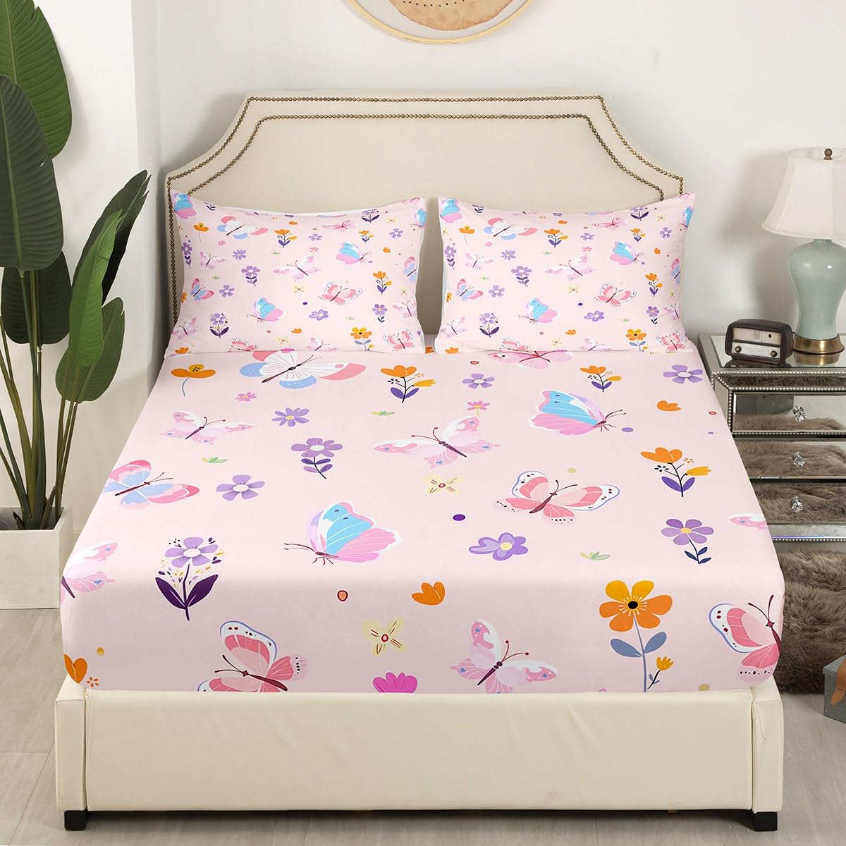 Erosebridal Cute Pink Floral Twin Fitted Sheet,Butterfly Kawaii Bedding Set for Girls Kids,Flower Garden Bed Set,Coquette Girly Flowers Bed Sheets 2Pcs Bedroom Decor (No Flat Sheet)